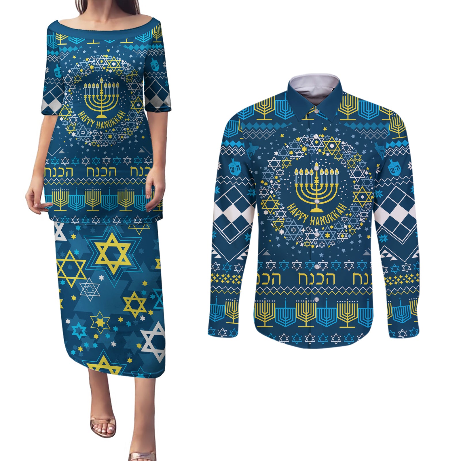 Happy Hanukkah Couples Matching Puletasi Dress and Long Sleeve Button Shirt Love and Lights Menorah LT7 - Wonder Print Shop