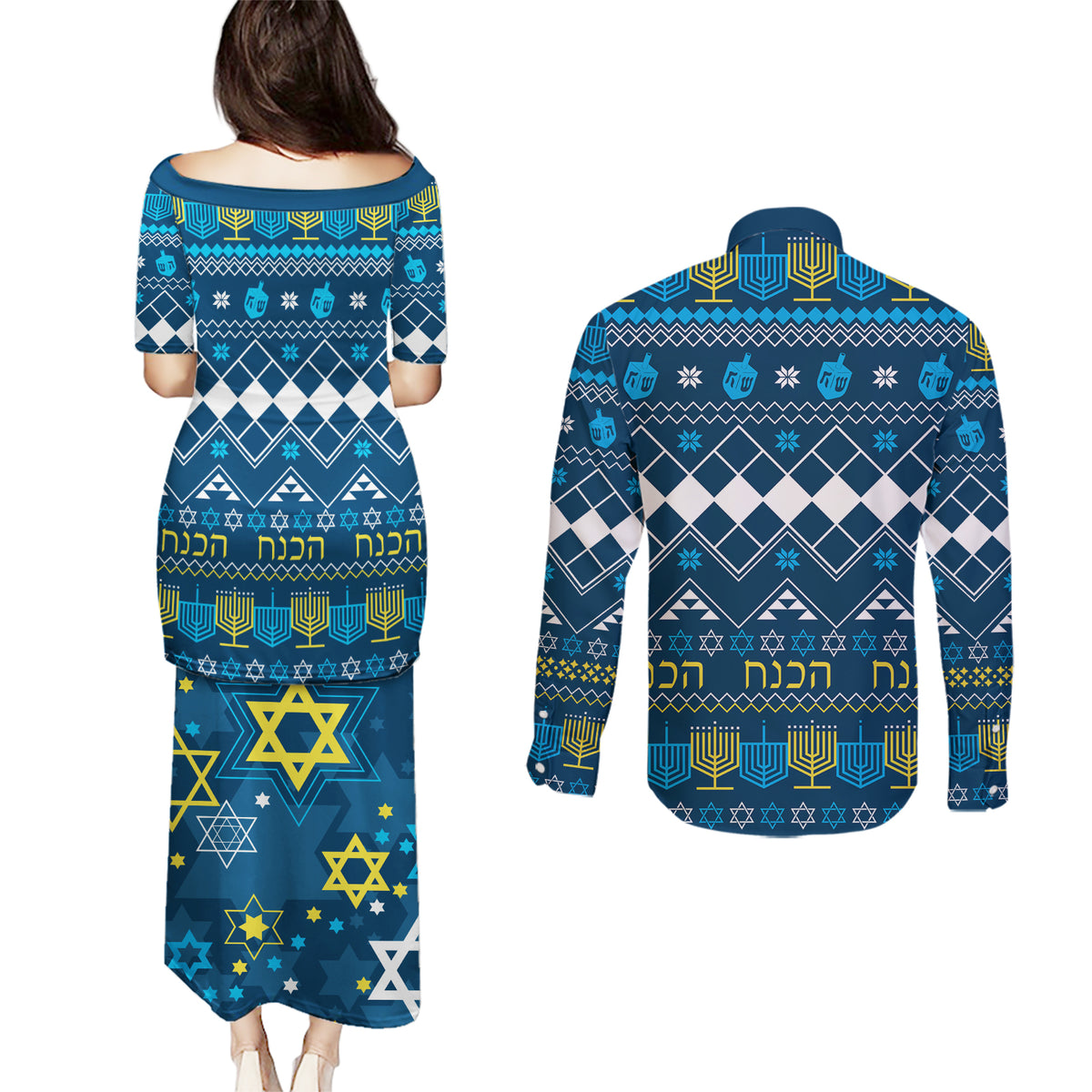 Happy Hanukkah Couples Matching Puletasi Dress and Long Sleeve Button Shirt Love and Lights Menorah LT7 - Wonder Print Shop