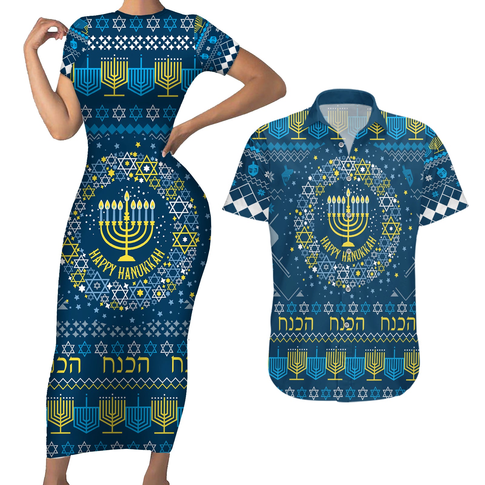 Happy Hanukkah Couples Matching Short Sleeve Bodycon Dress and Hawaiian Shirt Love and Lights Menorah LT7 - Wonder Print Shop