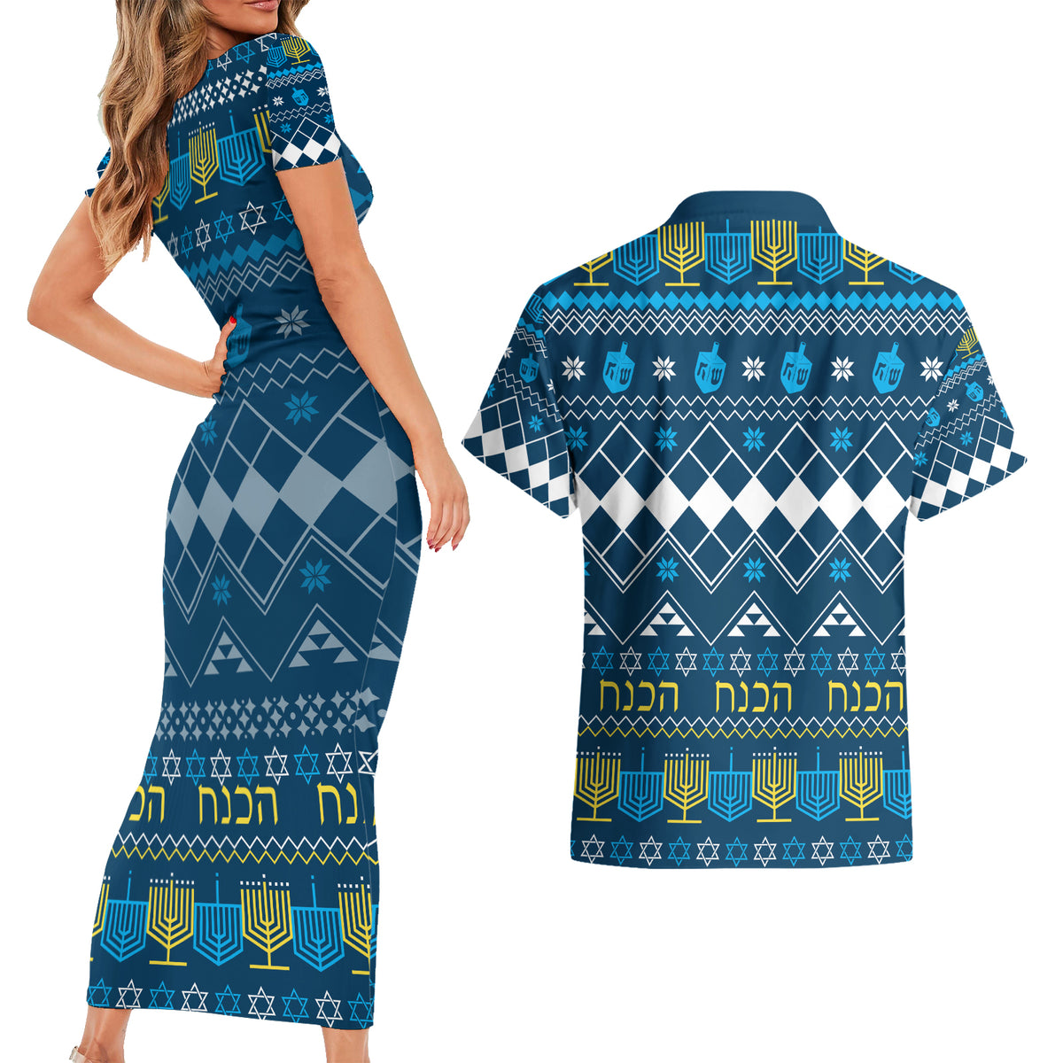 Happy Hanukkah Couples Matching Short Sleeve Bodycon Dress and Hawaiian Shirt Love and Lights Menorah LT7 - Wonder Print Shop
