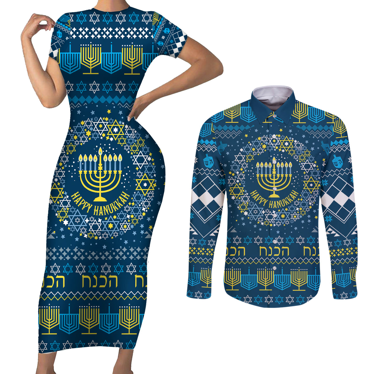 Happy Hanukkah Couples Matching Short Sleeve Bodycon Dress and Long Sleeve Button Shirt Love and Lights Menorah LT7 - Wonder Print Shop