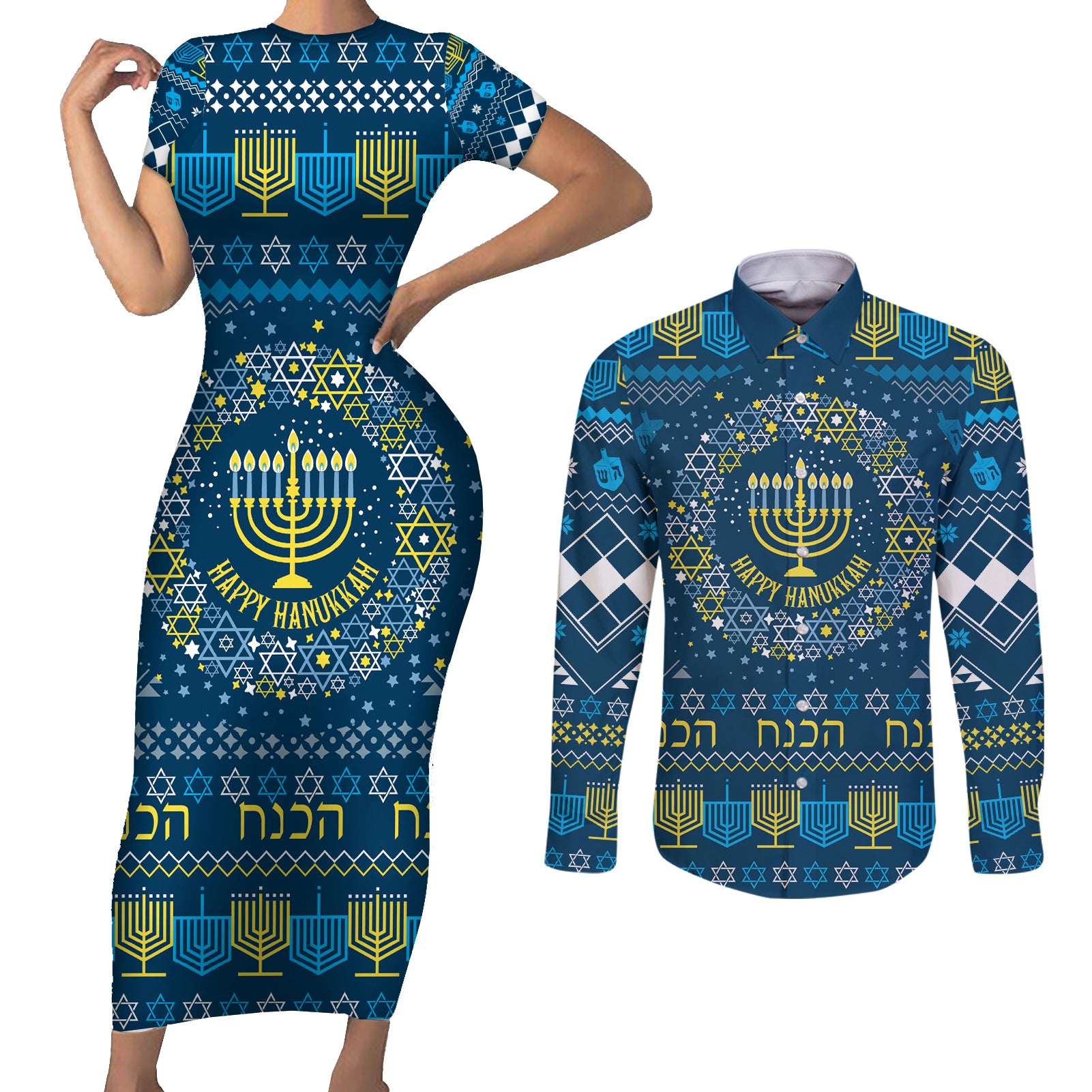 Happy Hanukkah Couples Matching Short Sleeve Bodycon Dress and Long Sleeve Button Shirt Love and Lights Menorah LT7 - Wonder Print Shop