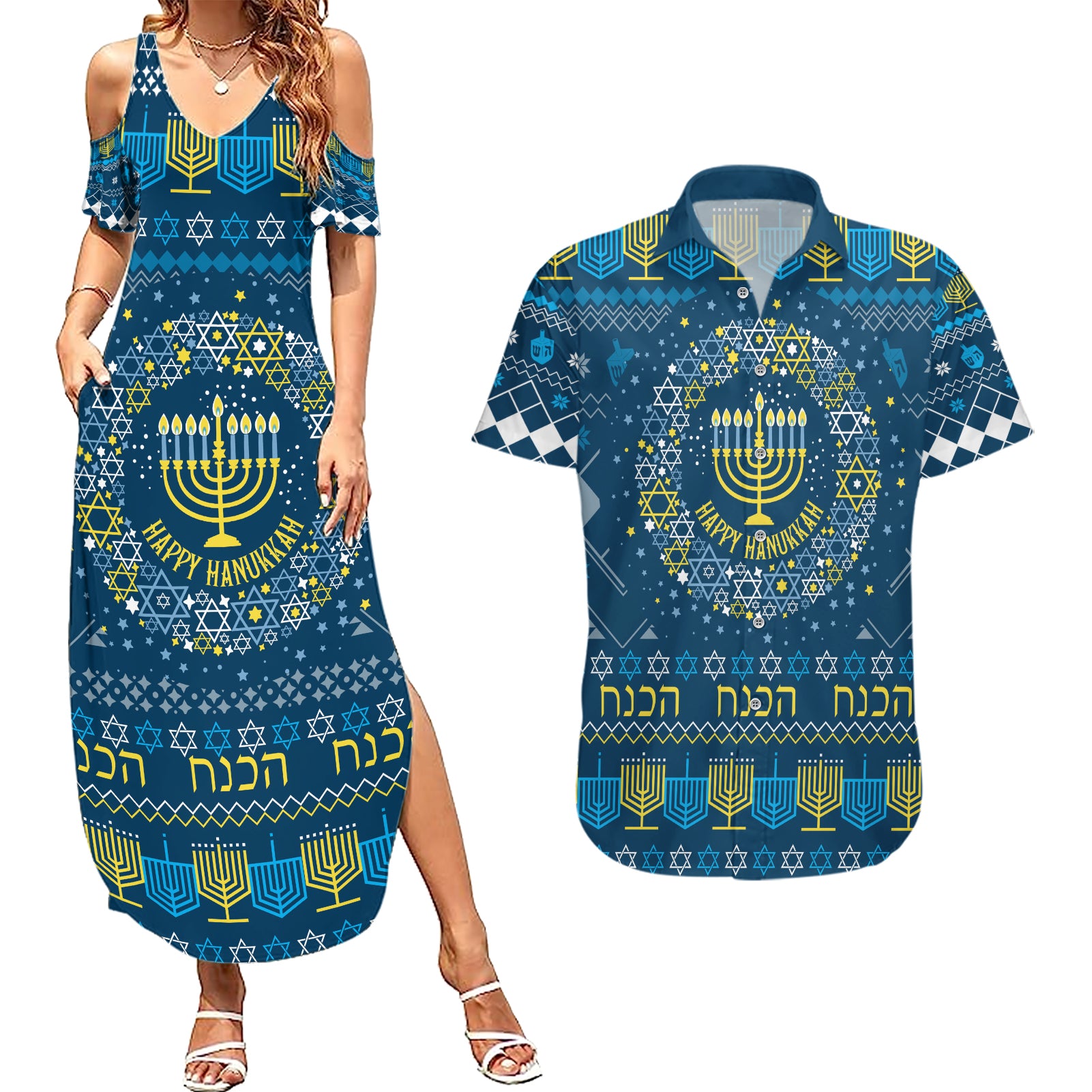 Happy Hanukkah Couples Matching Summer Maxi Dress and Hawaiian Shirt Love and Lights Menorah LT7 - Wonder Print Shop