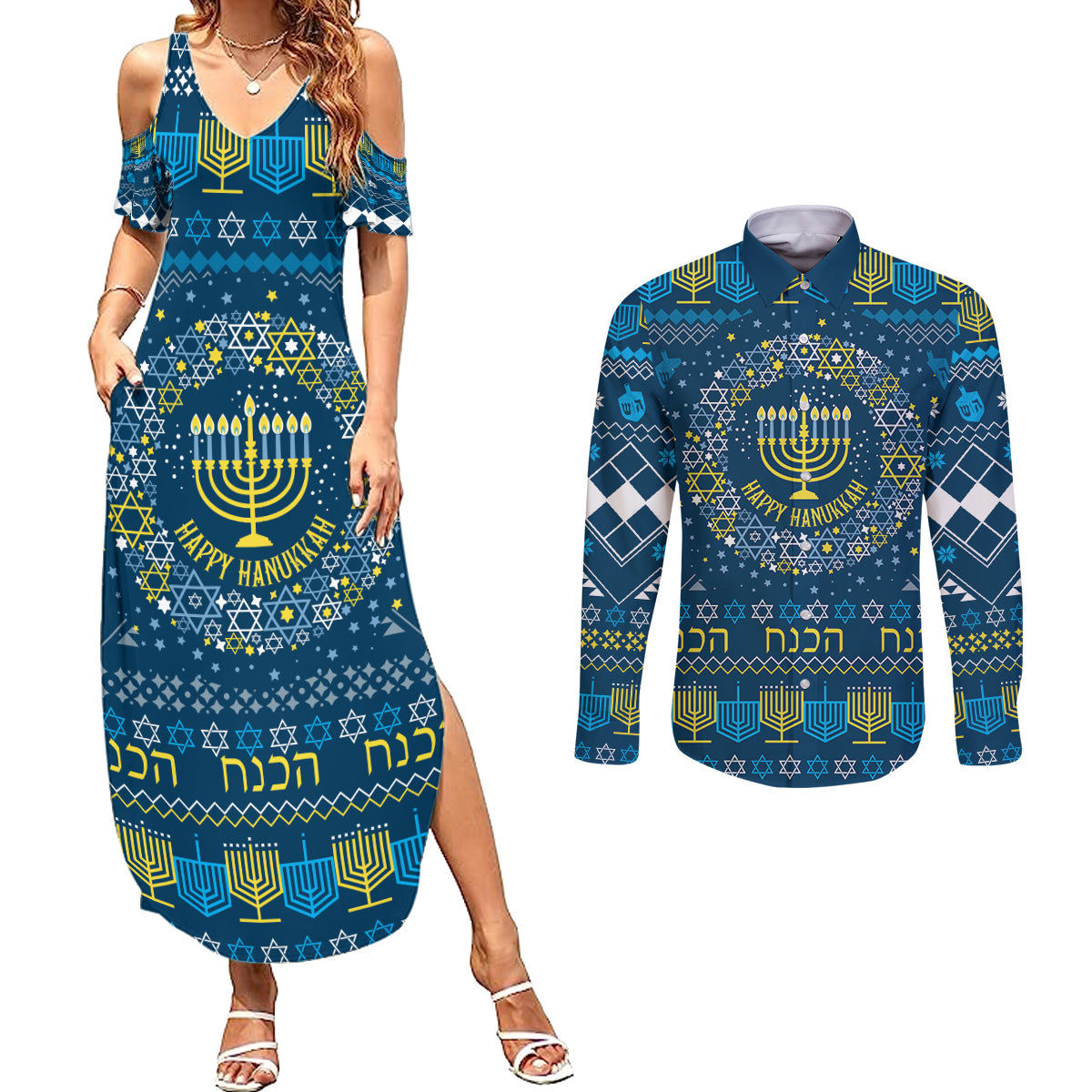 Happy Hanukkah Couples Matching Summer Maxi Dress and Long Sleeve Button Shirt Love and Lights Menorah LT7 - Wonder Print Shop