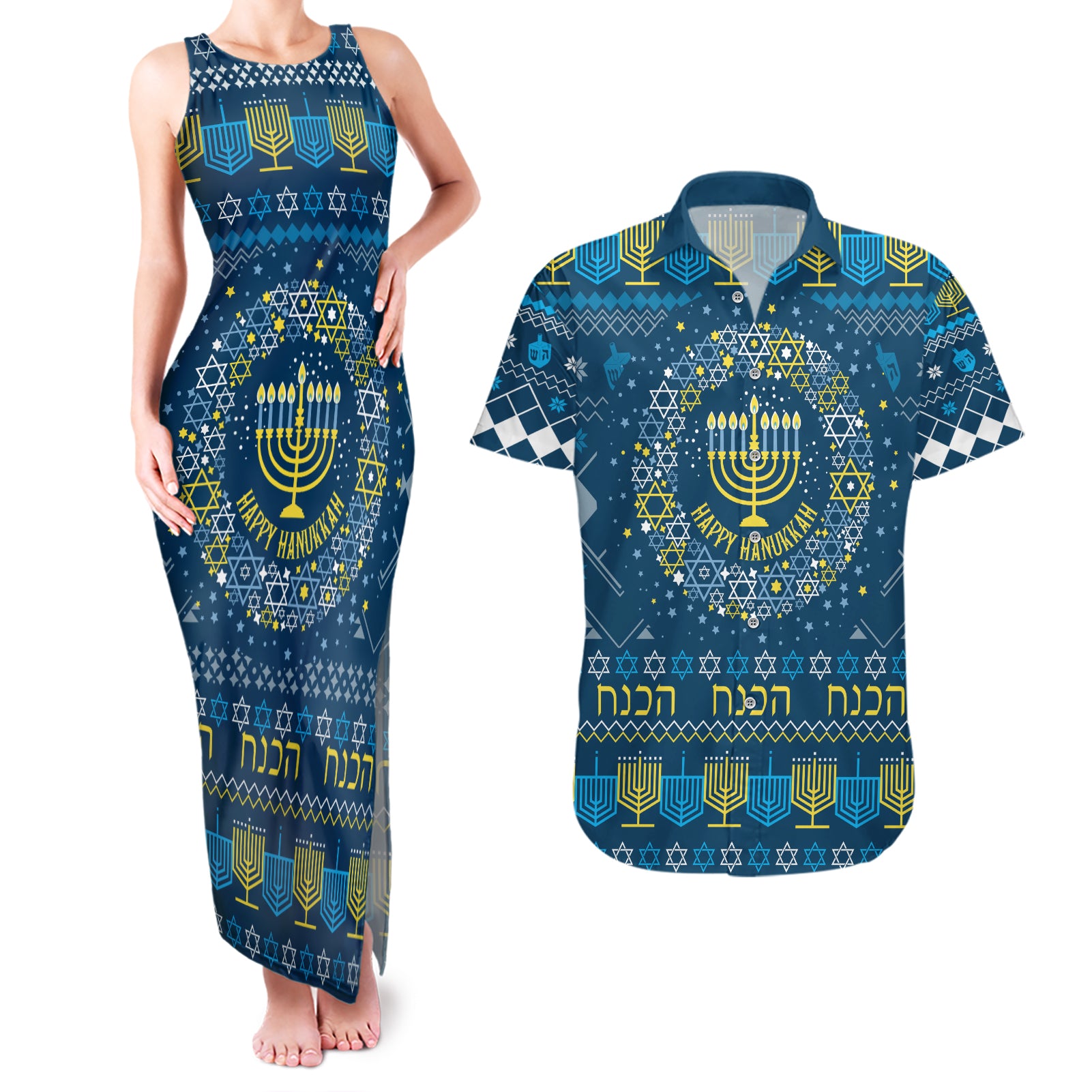 Happy Hanukkah Couples Matching Tank Maxi Dress and Hawaiian Shirt Love and Lights Menorah LT7 - Wonder Print Shop