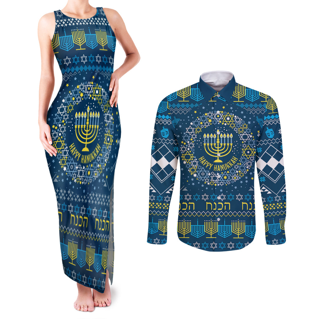Happy Hanukkah Couples Matching Tank Maxi Dress and Long Sleeve Button Shirt Love and Lights Menorah LT7 - Wonder Print Shop