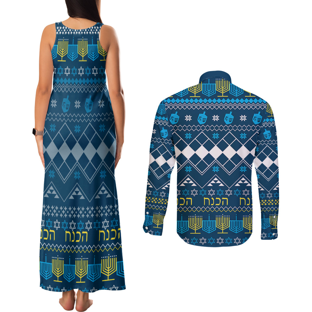 Happy Hanukkah Couples Matching Tank Maxi Dress and Long Sleeve Button Shirt Love and Lights Menorah LT7 - Wonder Print Shop