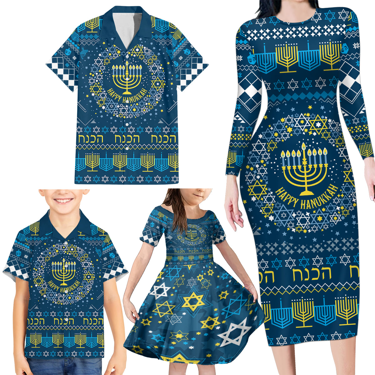 Happy Hanukkah Family Matching Long Sleeve Bodycon Dress and Hawaiian Shirt Love and Lights Menorah LT7 - Wonder Print Shop