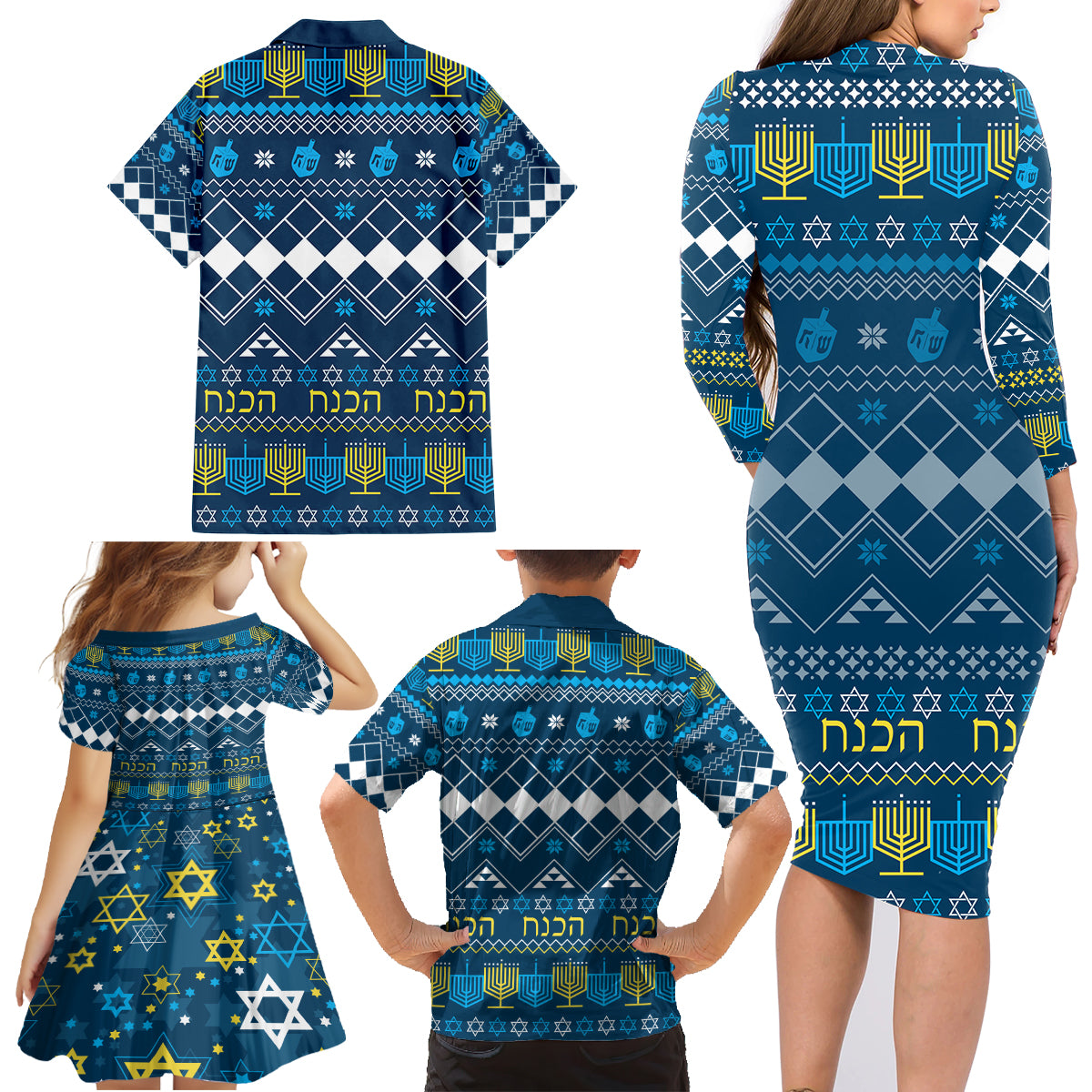 Happy Hanukkah Family Matching Long Sleeve Bodycon Dress and Hawaiian Shirt Love and Lights Menorah LT7 - Wonder Print Shop