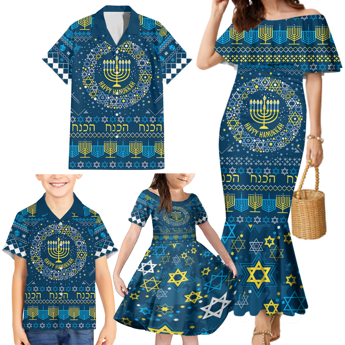 Happy Hanukkah Family Matching Mermaid Dress and Hawaiian Shirt Love and Lights Menorah LT7 - Wonder Print Shop