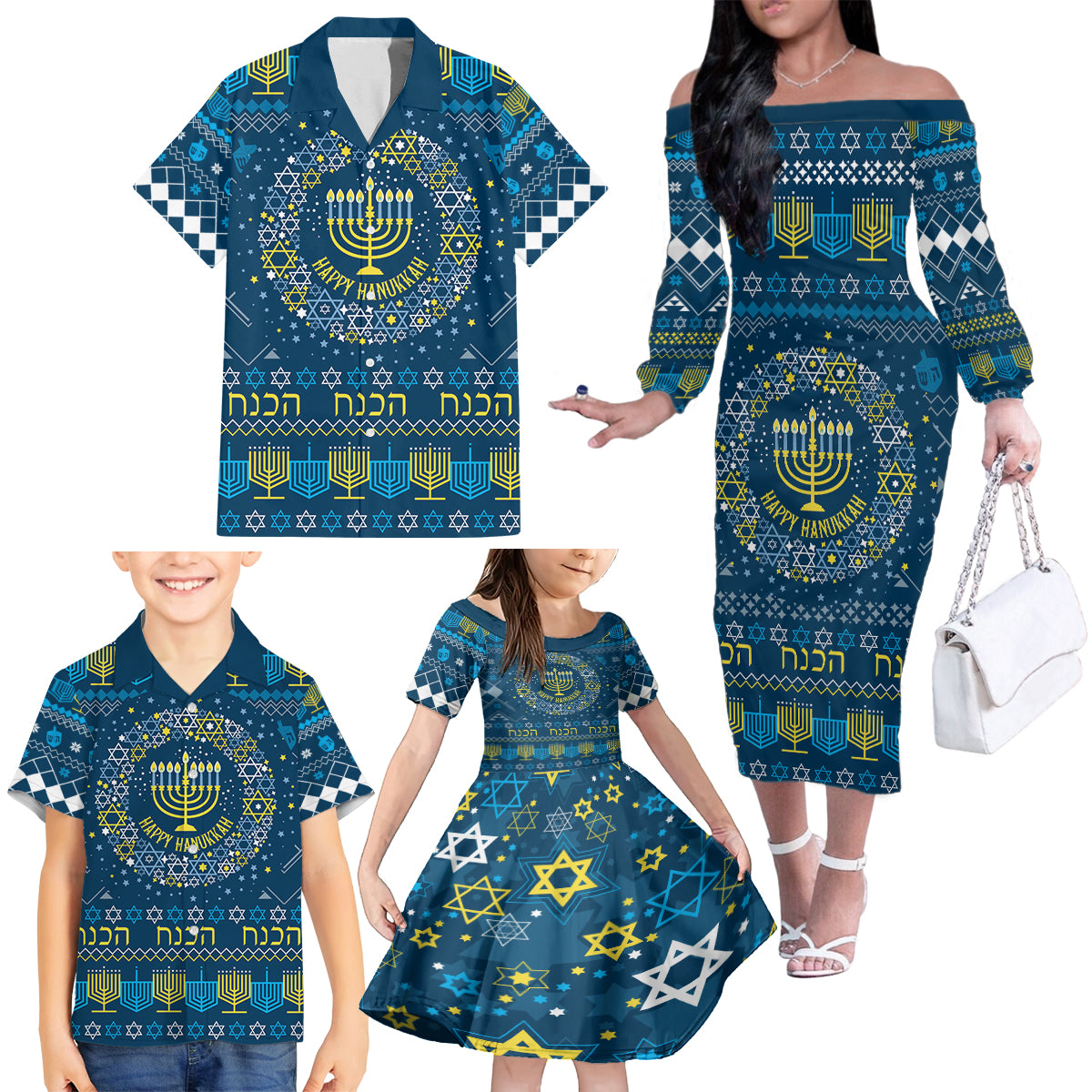 Happy Hanukkah Family Matching Off Shoulder Long Sleeve Dress and Hawaiian Shirt Love and Lights Menorah - Wonder Print Shop