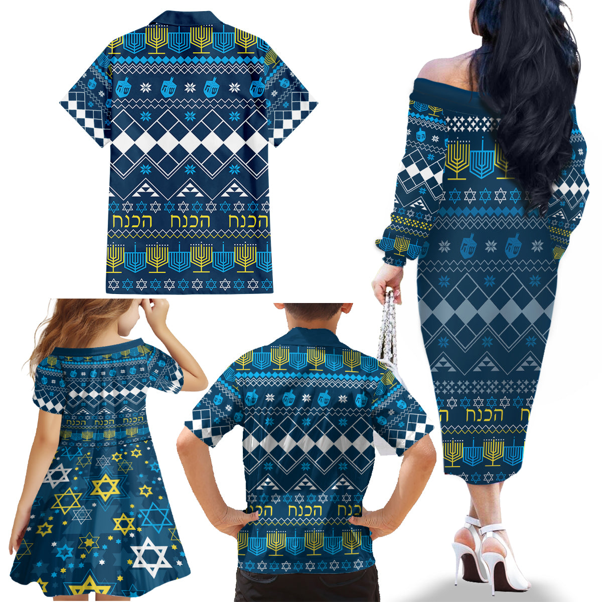 Happy Hanukkah Family Matching Off Shoulder Long Sleeve Dress and Hawaiian Shirt Love and Lights Menorah - Wonder Print Shop