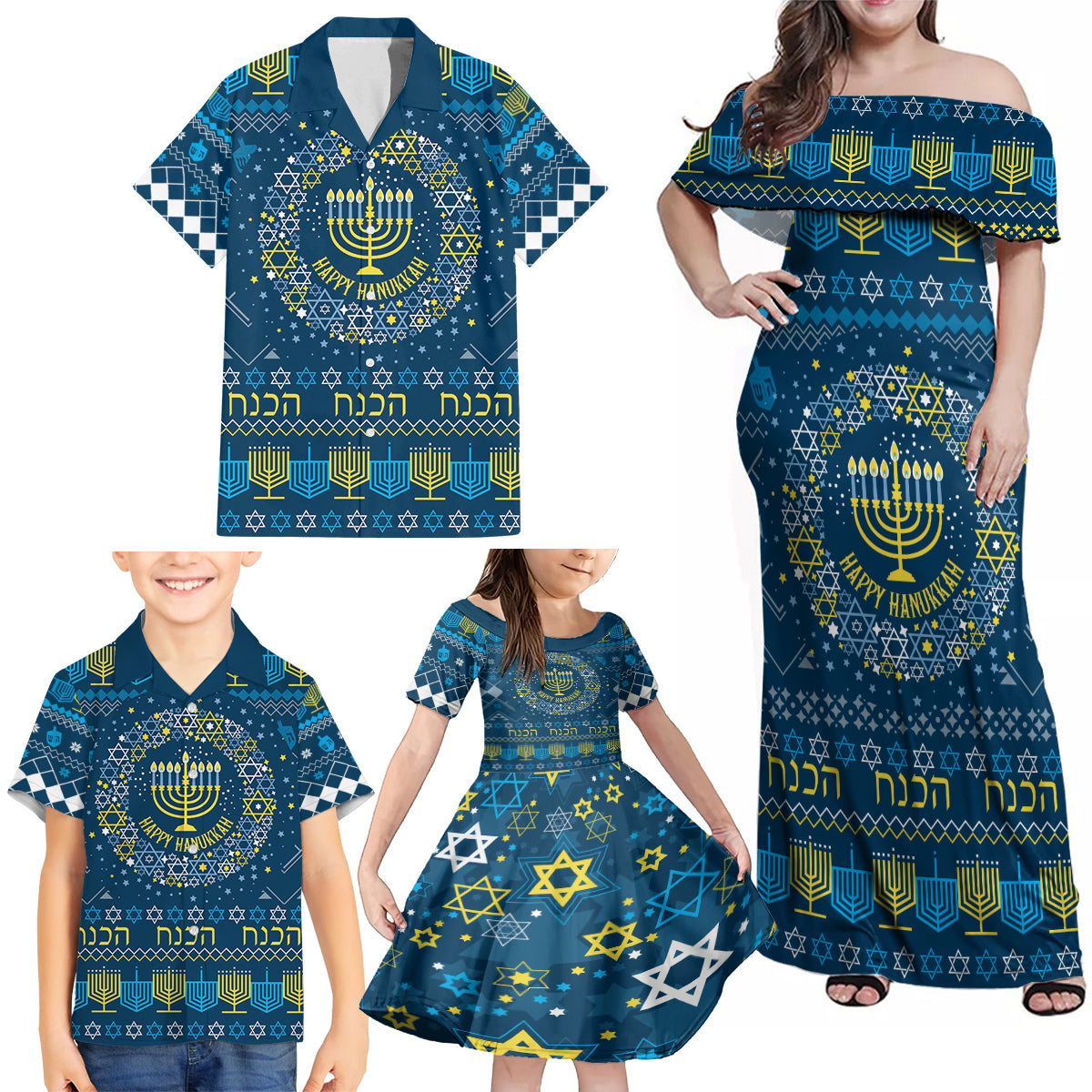 Happy Hanukkah Family Matching Off Shoulder Maxi Dress and Hawaiian Shirt Love and Lights Menorah LT7 - Wonder Print Shop