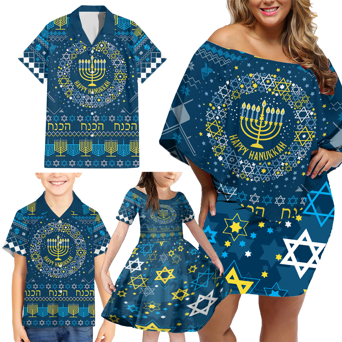 Happy Hanukkah Family Matching Off Shoulder Short Dress and Hawaiian Shirt Love and Lights Menorah LT7 - Wonder Print Shop