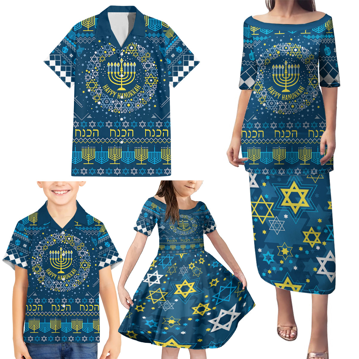 Happy Hanukkah Family Matching Puletasi Dress and Hawaiian Shirt Love and Lights Menorah - Wonder Print Shop