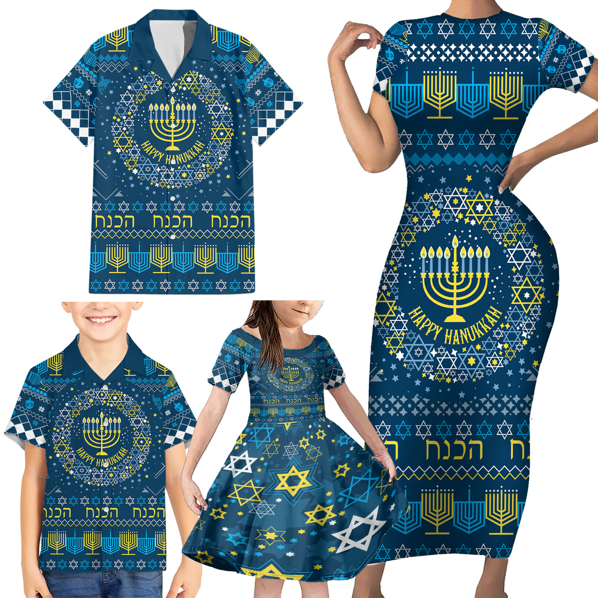 Happy Hanukkah Family Matching Short Sleeve Bodycon Dress and Hawaiian Shirt Love and Lights Menorah - Wonder Print Shop