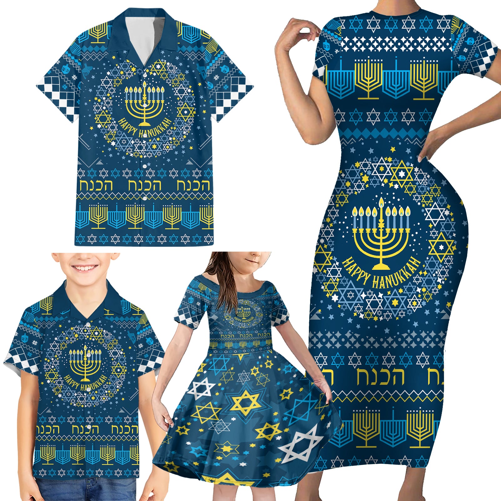 Happy Hanukkah Family Matching Short Sleeve Bodycon Dress and Hawaiian Shirt Love and Lights Menorah - Wonder Print Shop