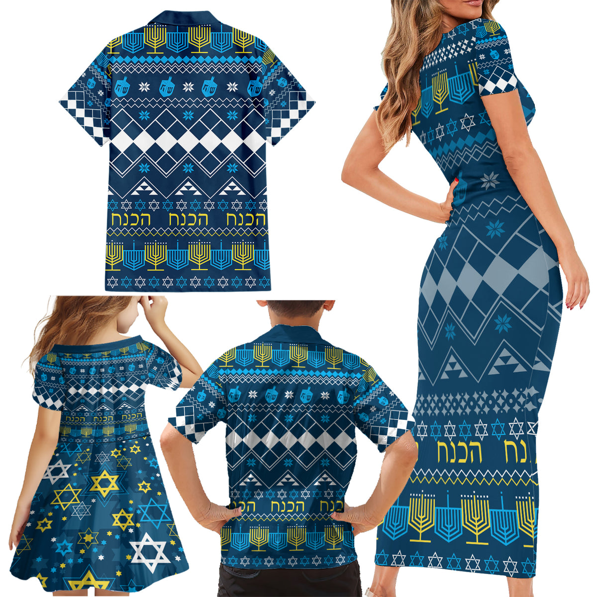 Happy Hanukkah Family Matching Short Sleeve Bodycon Dress and Hawaiian Shirt Love and Lights Menorah - Wonder Print Shop