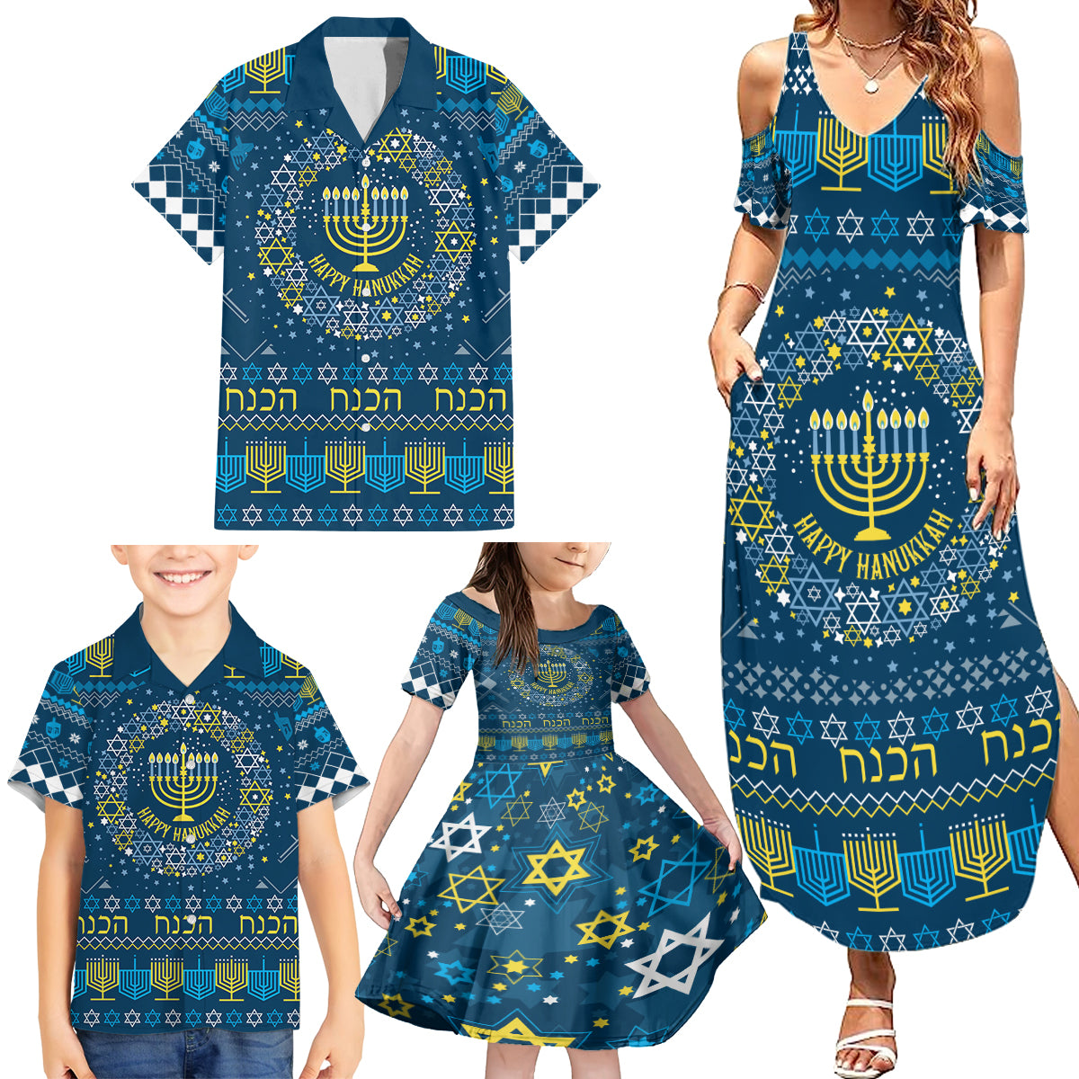 Happy Hanukkah Family Matching Summer Maxi Dress and Hawaiian Shirt Love and Lights Menorah - Wonder Print Shop