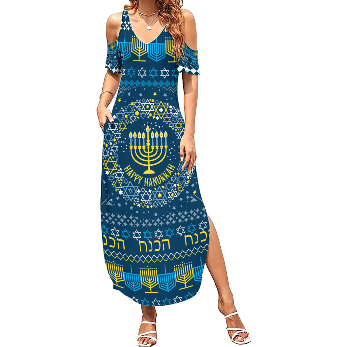 Happy Hanukkah Family Matching Summer Maxi Dress and Hawaiian Shirt Love and Lights Menorah - Wonder Print Shop