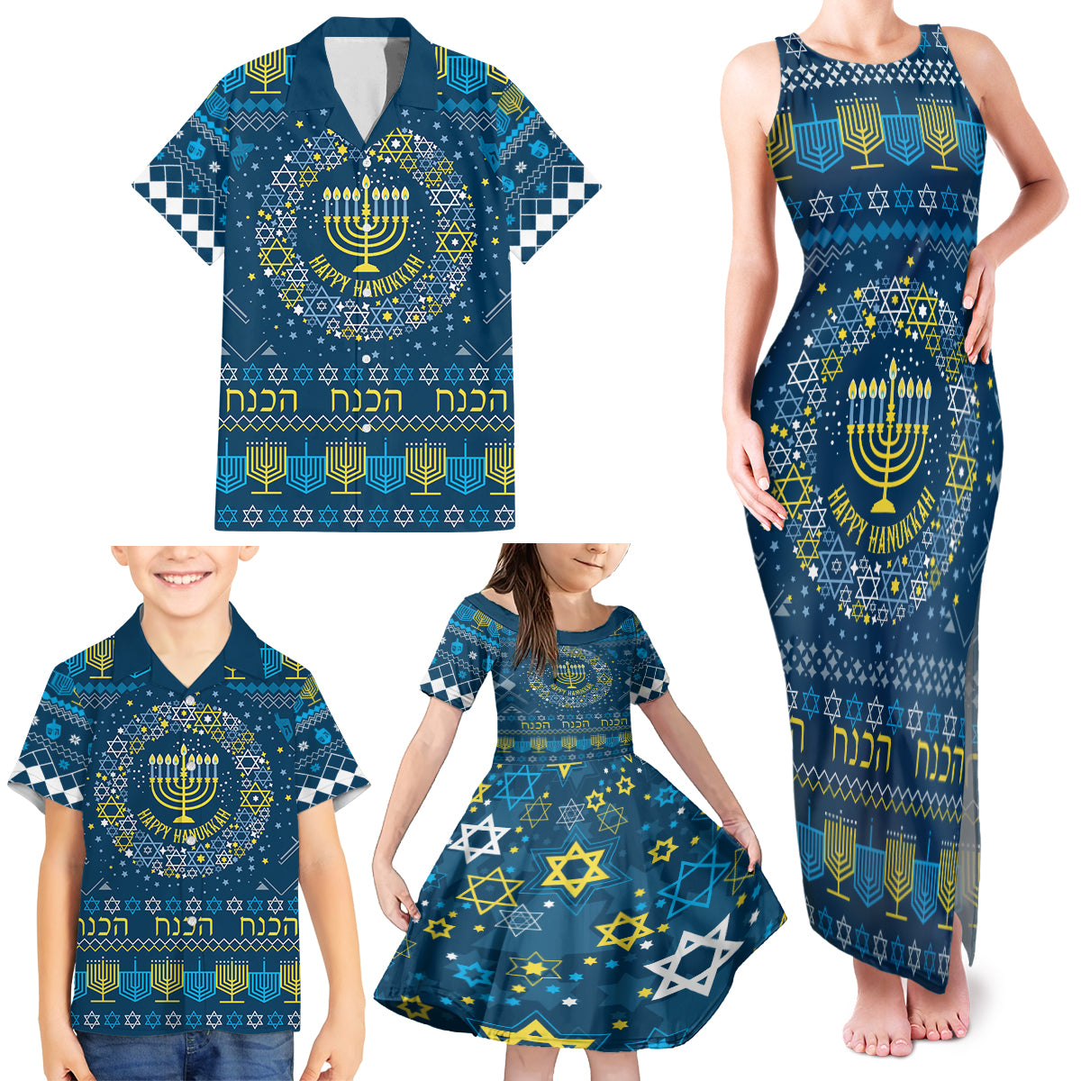 Happy Hanukkah Family Matching Tank Maxi Dress and Hawaiian Shirt Love and Lights Menorah - Wonder Print Shop