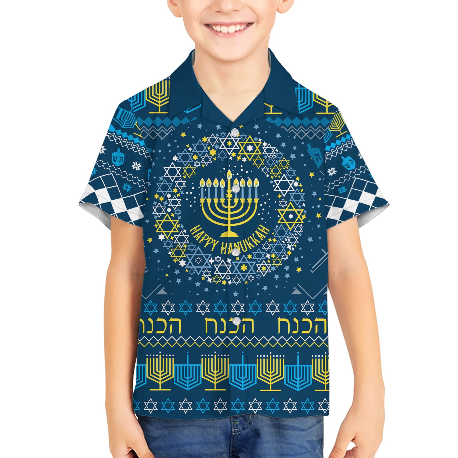 Happy Hanukkah Kid Hawaiian Shirt Love and Lights Menorah - Wonder Print Shop