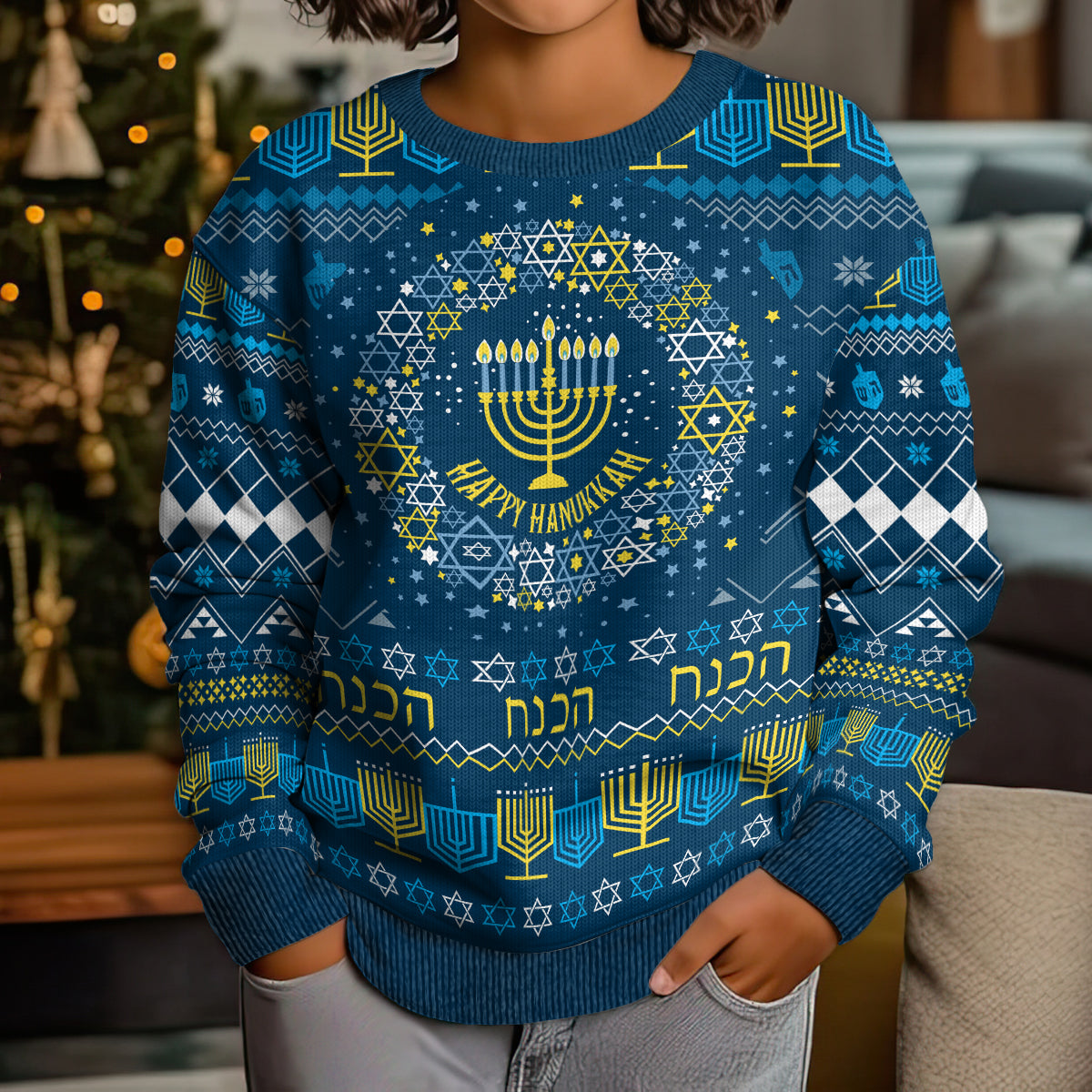 Happy Hanukkah Kid Ugly Christmas Sweater Love and Lights Menorah - Wonder Print Shop
