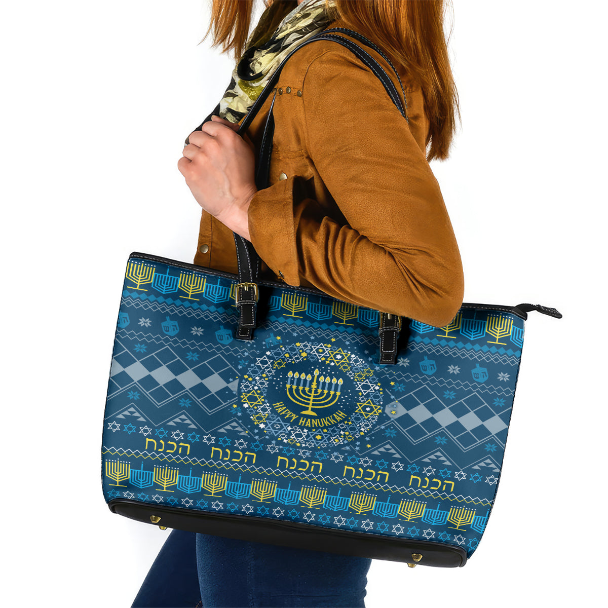 Happy Hanukkah Leather Tote Bag Love and Lights Menorah - Wonder Print Shop