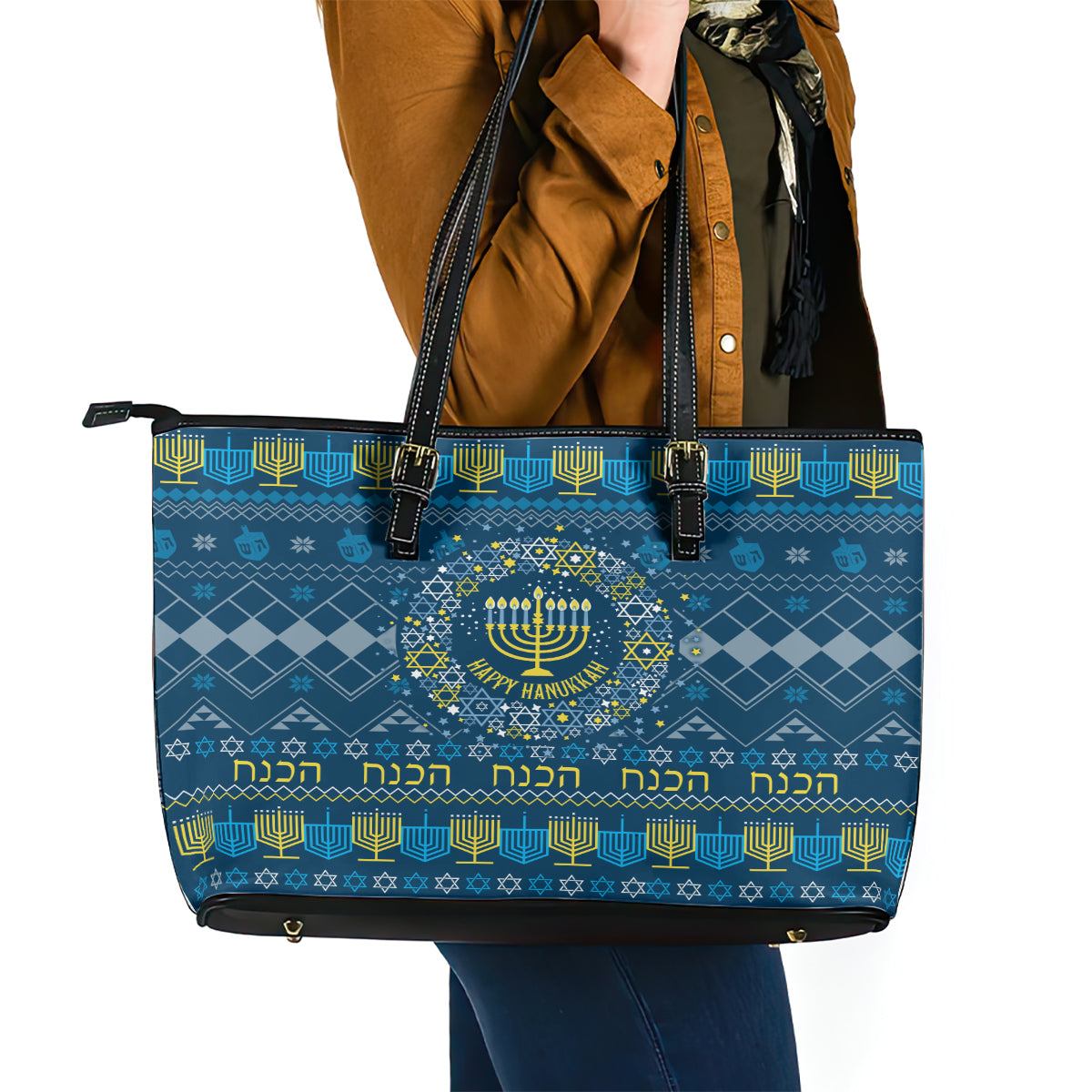 Happy Hanukkah Leather Tote Bag Love and Lights Menorah - Wonder Print Shop