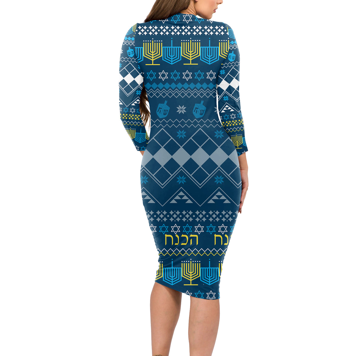 Happy Hanukkah Long Sleeve Bodycon Dress Love and Lights Menorah - Wonder Print Shop