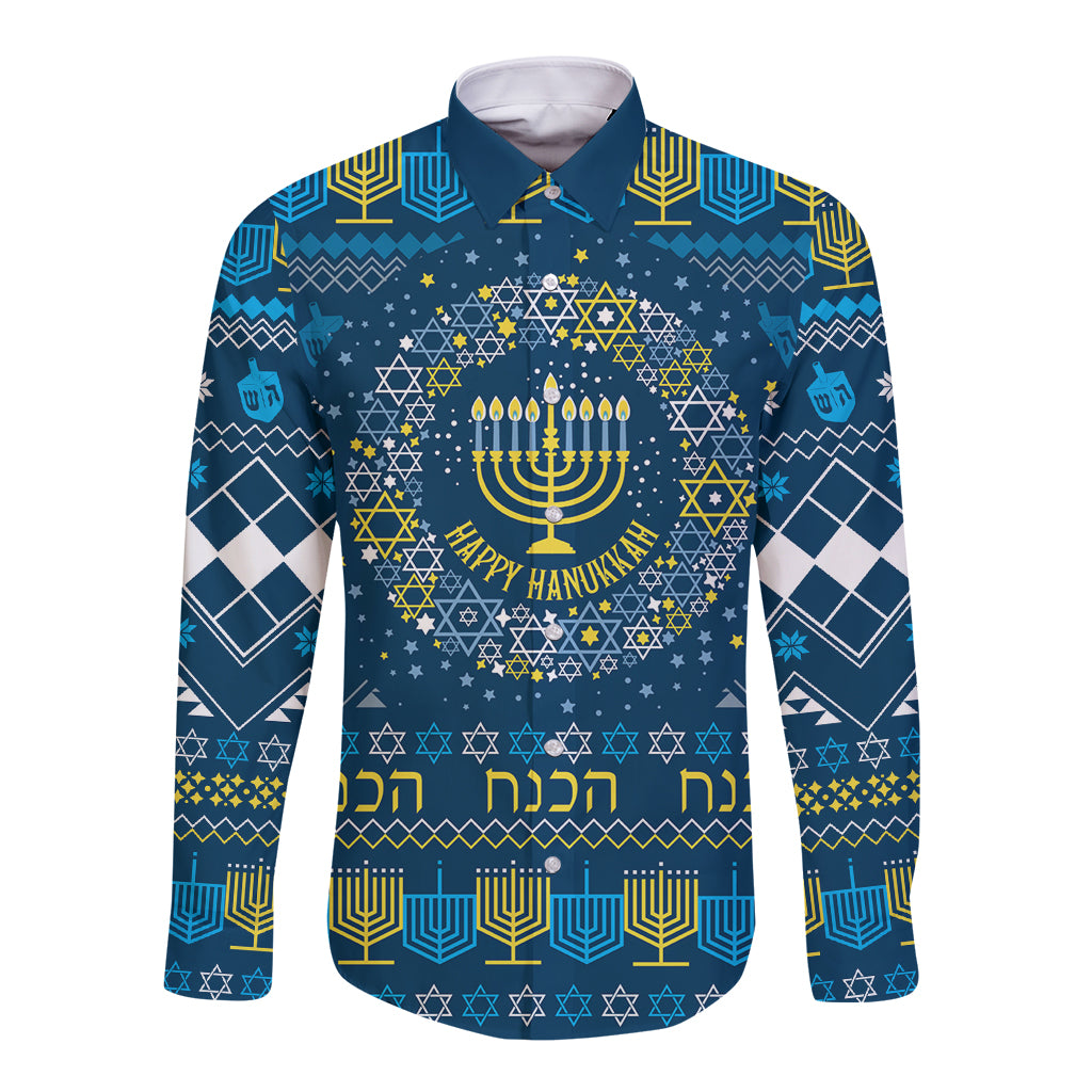 Happy Hanukkah Long Sleeve Button Shirt Love and Lights Menorah - Wonder Print Shop