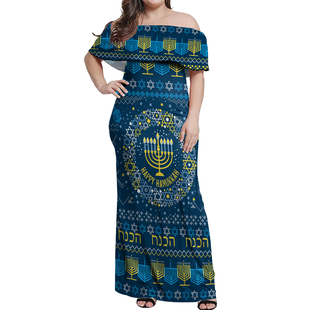 Happy Hanukkah Off Shoulder Maxi Dress Love and Lights Menorah - Wonder Print Shop