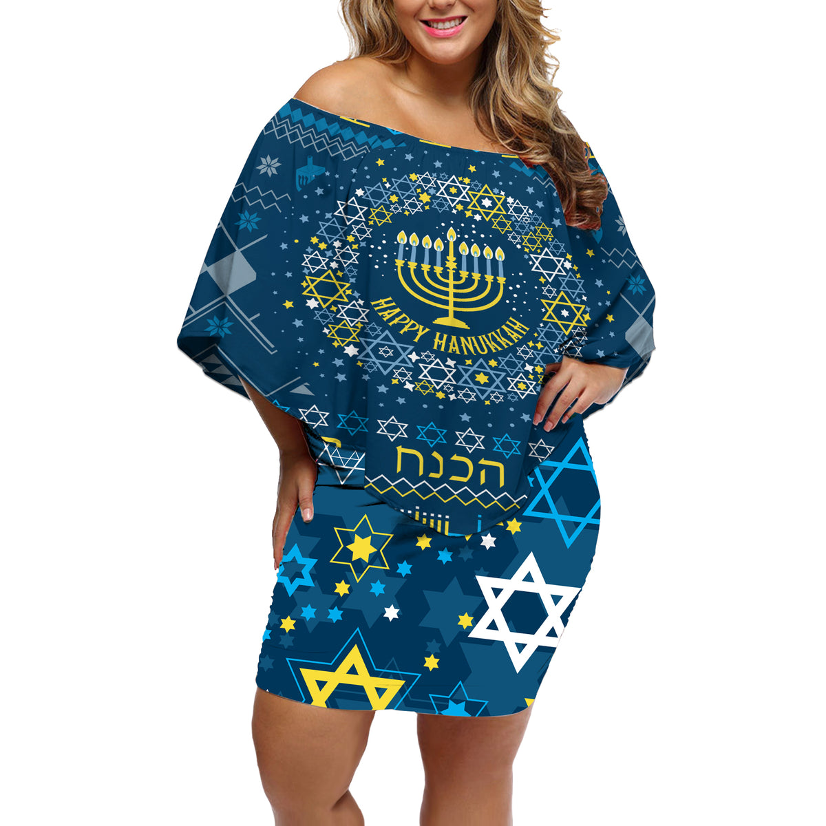 Happy Hanukkah Off Shoulder Short Dress Love and Lights Menorah - Wonder Print Shop