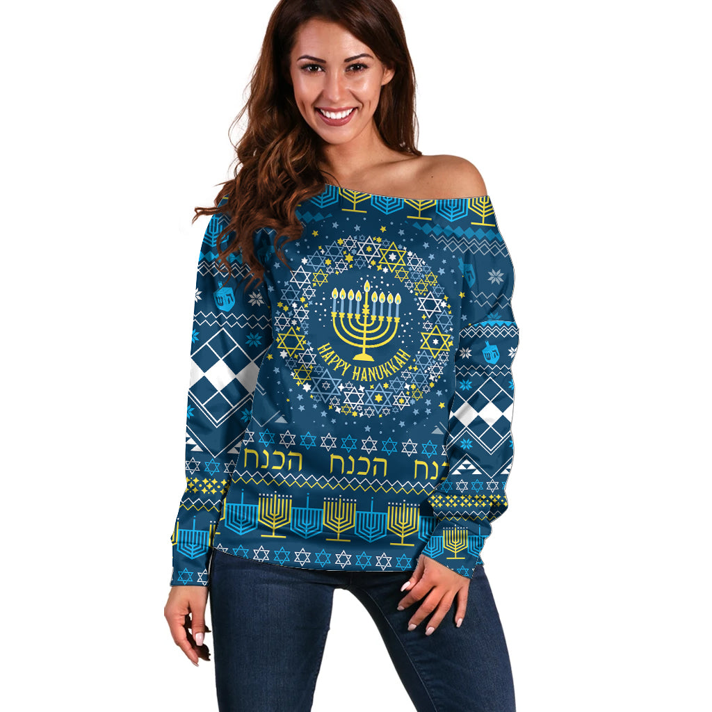 Happy Hanukkah Off Shoulder Sweater Love and Lights Menorah - Wonder Print Shop