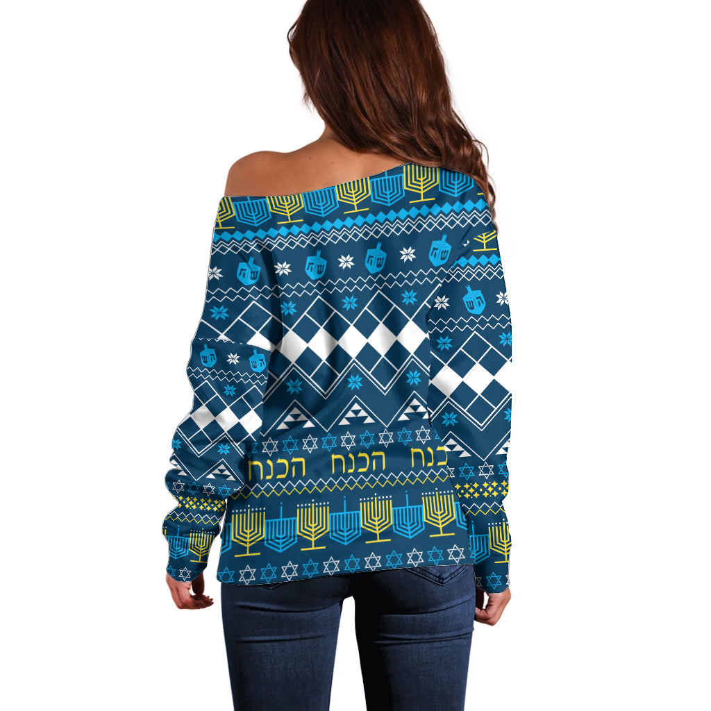 Happy Hanukkah Off Shoulder Sweater Love and Lights Menorah - Wonder Print Shop