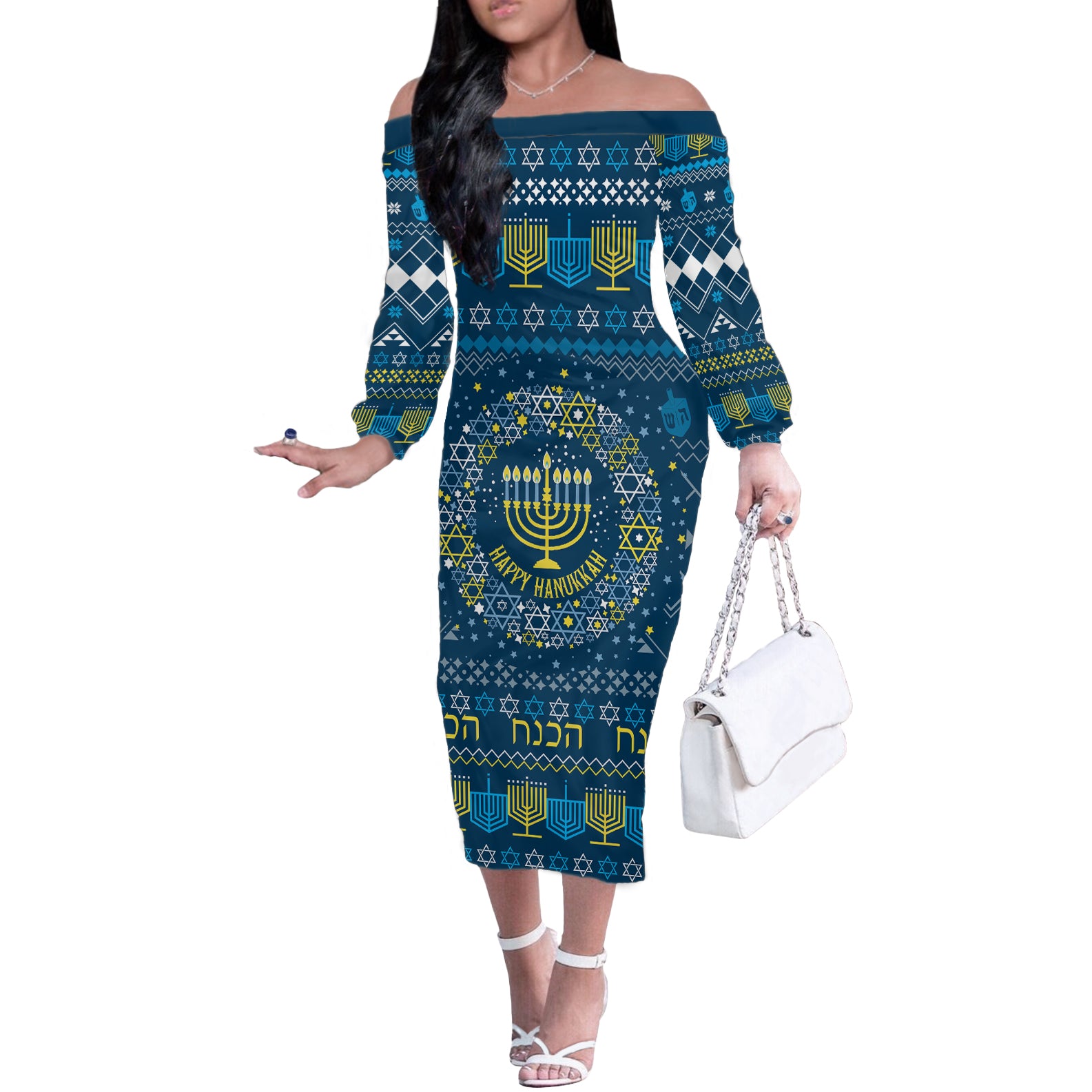 Happy Hanukkah Off The Shoulder Long Sleeve Dress Love and Lights Menorah - Wonder Print Shop