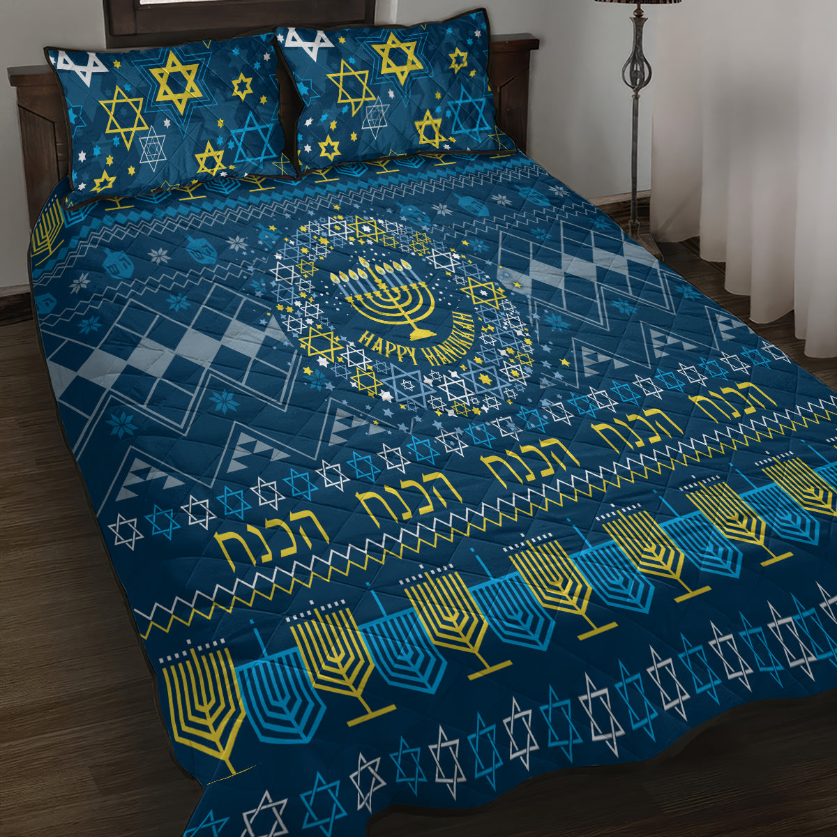 Happy Hanukkah Quilt Bed Set Love and Lights Menorah - Wonder Print Shop