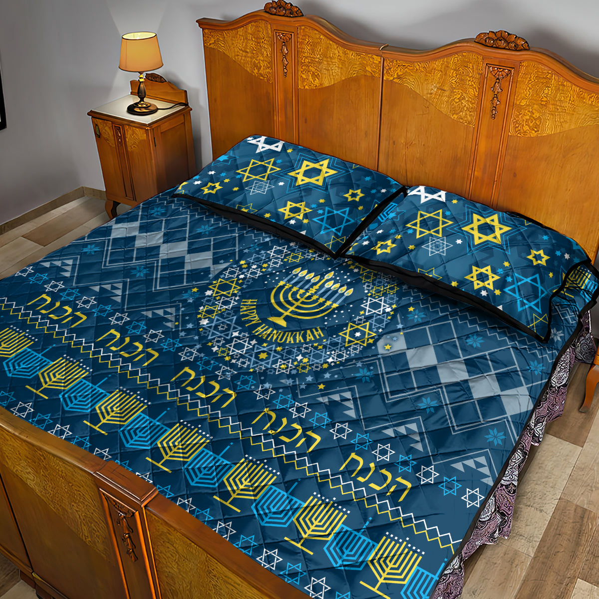 Happy Hanukkah Quilt Bed Set Love and Lights Menorah - Wonder Print Shop