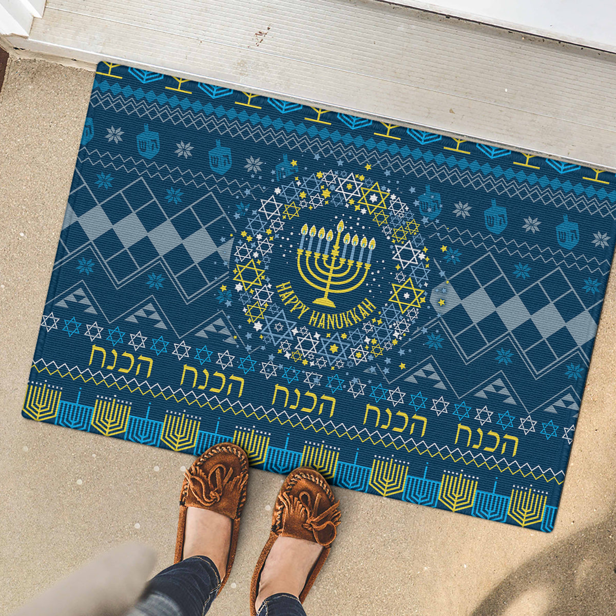 Happy Hanukkah Rubber Doormat Love and Lights Menorah - Wonder Print Shop