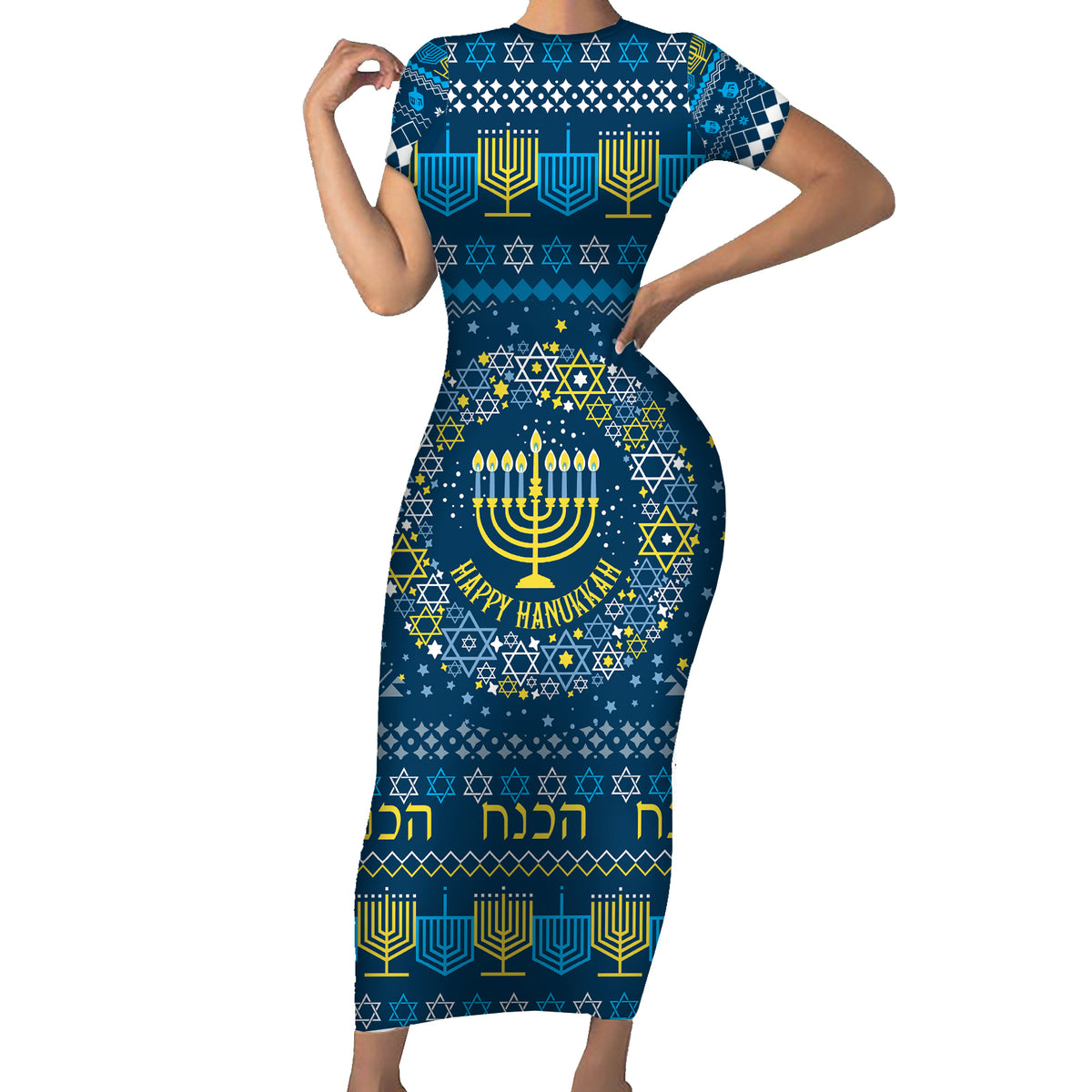Happy Hanukkah Short Sleeve Bodycon Dress Love and Lights Menorah - Wonder Print Shop