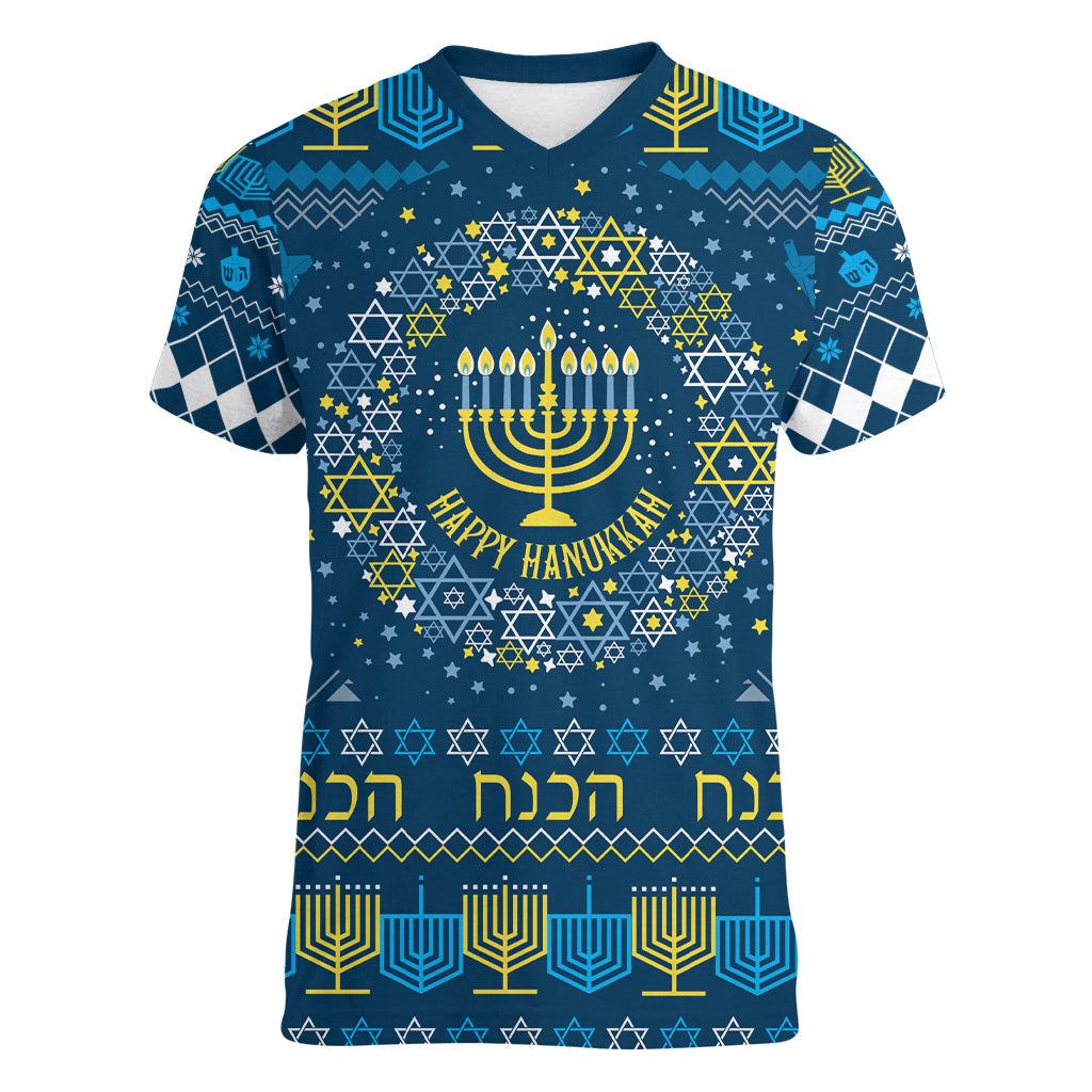 Happy Hanukkah Women V Neck T Shirt Love and Lights Menorah - Wonder Print Shop