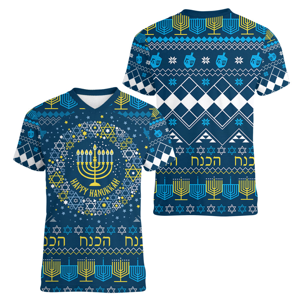 Happy Hanukkah Women V Neck T Shirt Love and Lights Menorah - Wonder Print Shop