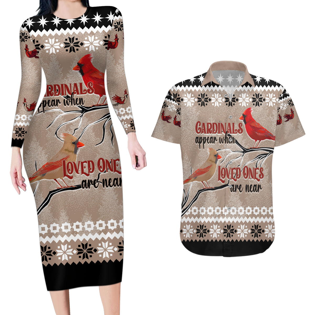 Christmas Cardinal Birds Couples Matching Long Sleeve Bodycon Dress and Hawaiian Shirt Cardinals Appear When Loved Ones Are Near LT7 - Wonder Print Shop