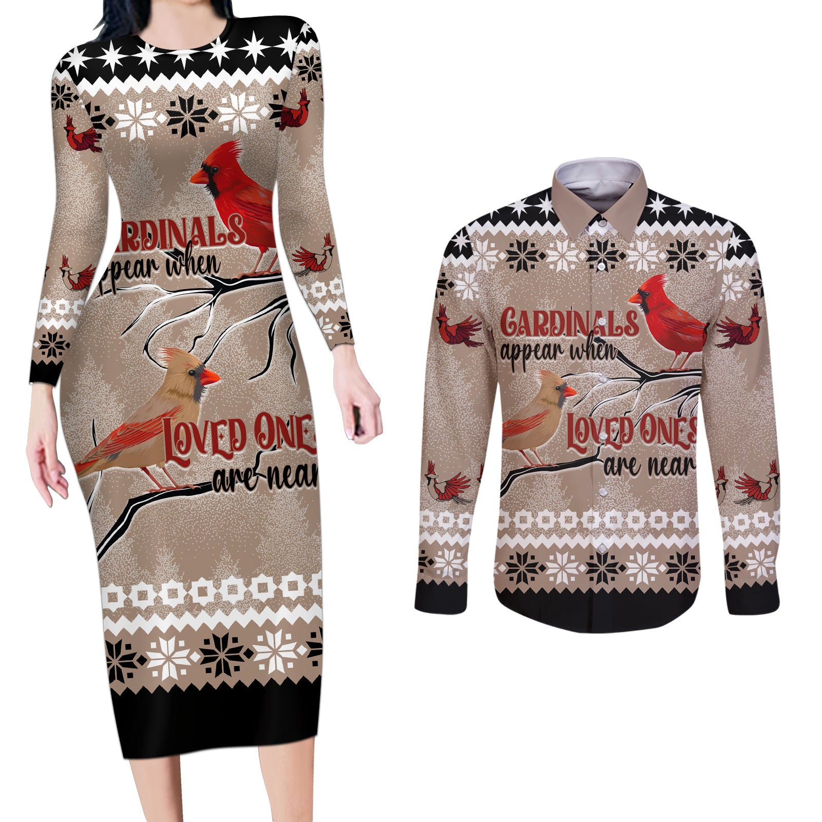 Christmas Cardinal Birds Couples Matching Long Sleeve Bodycon Dress and Long Sleeve Button Shirt Cardinals Appear When Loved Ones Are Near LT7 - Wonder Print Shop