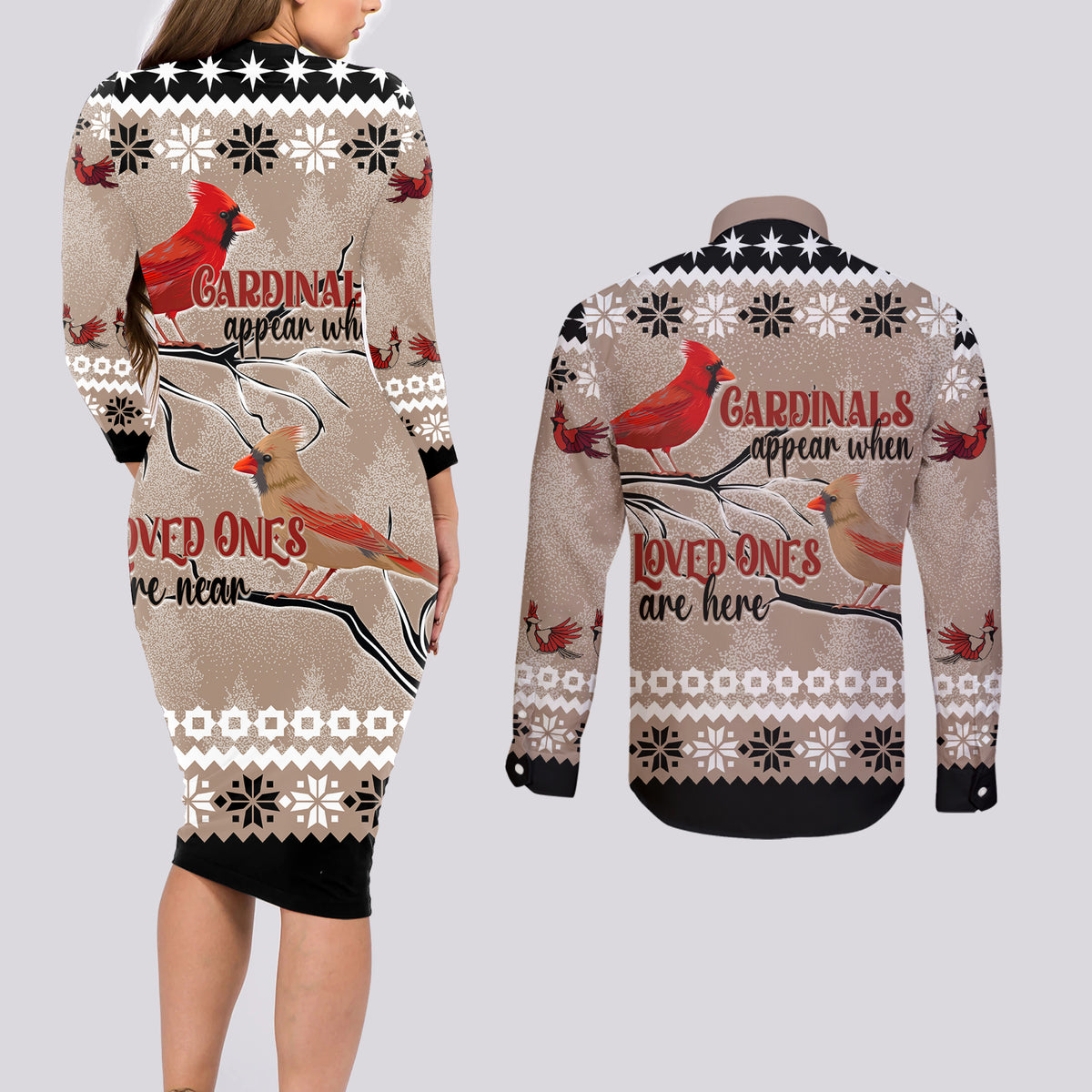 Christmas Cardinal Birds Couples Matching Long Sleeve Bodycon Dress and Long Sleeve Button Shirt Cardinals Appear When Loved Ones Are Near LT7 - Wonder Print Shop