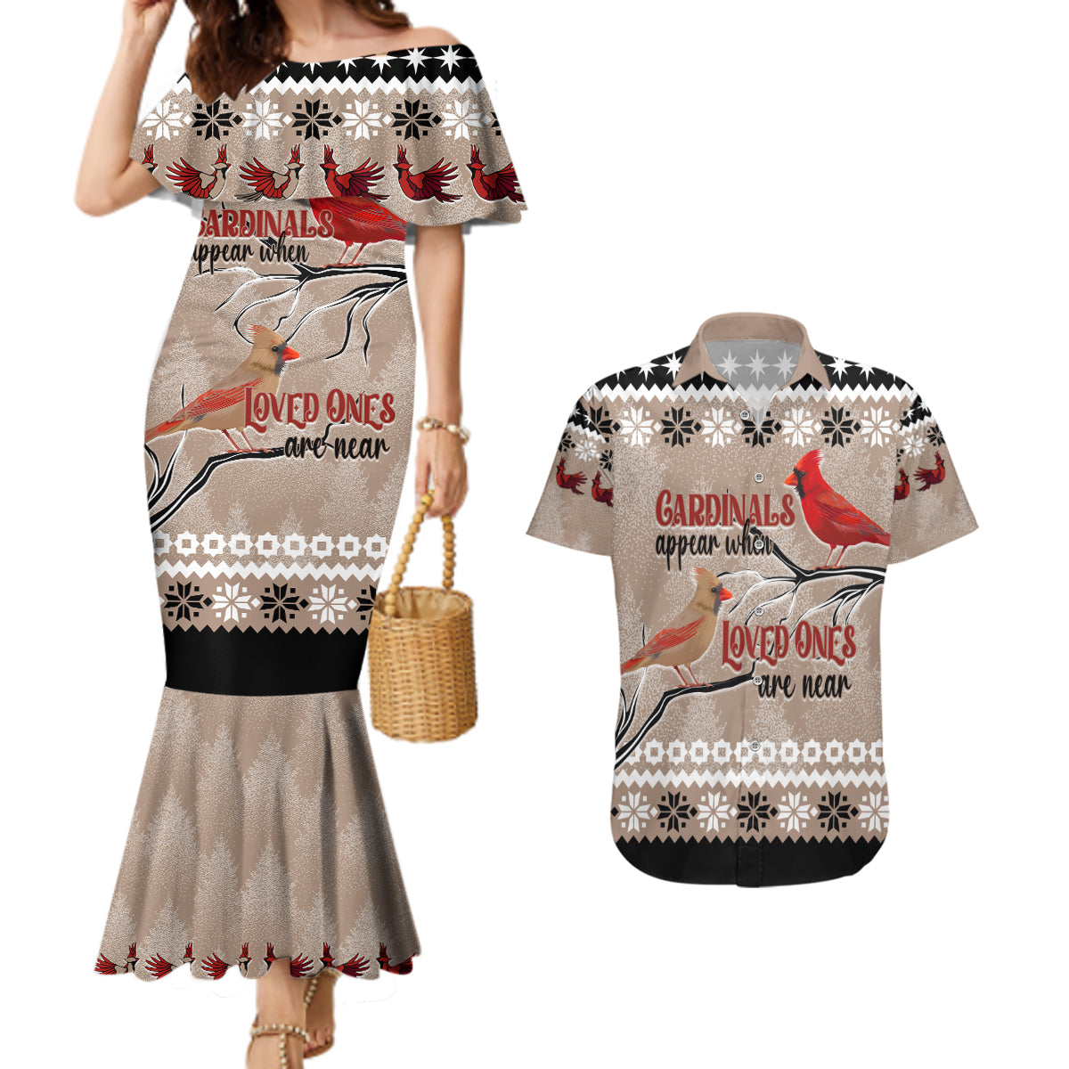 Christmas Cardinal Birds Couples Matching Mermaid Dress and Hawaiian Shirt Cardinals Appear When Loved Ones Are Near LT7 - Wonder Print Shop