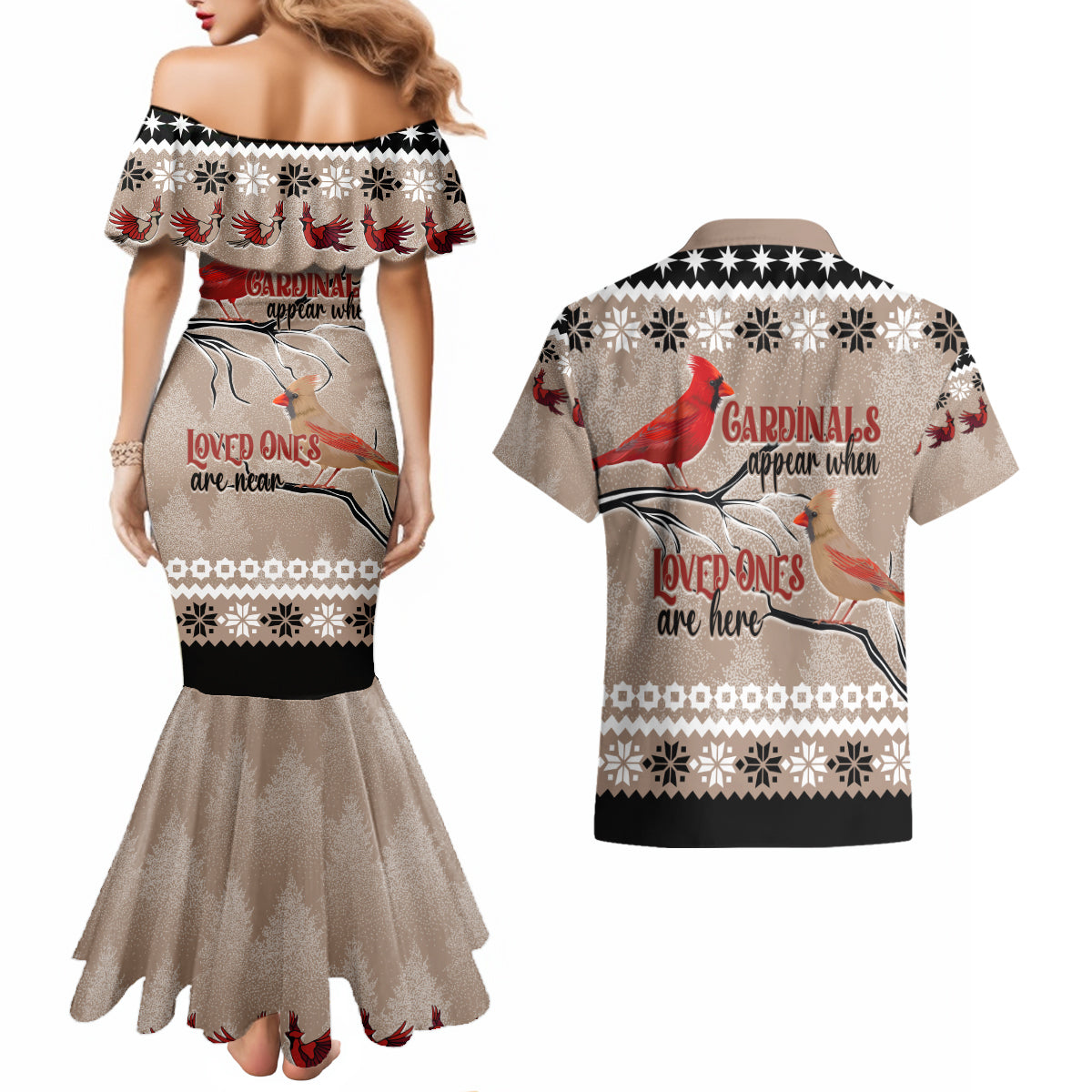 Christmas Cardinal Birds Couples Matching Mermaid Dress and Hawaiian Shirt Cardinals Appear When Loved Ones Are Near LT7 - Wonder Print Shop