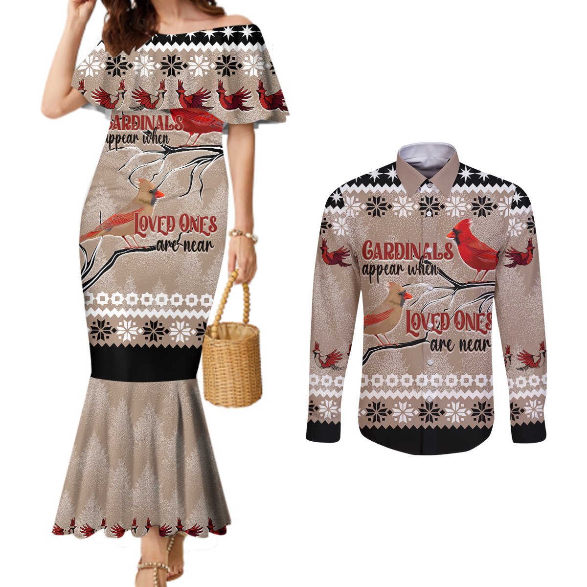 chrismas-cardinal-birds-couples-matching-mermaid-dress-and-long-sleeve-button-shirt-cardinals-appear-when-loved-ones-are-near