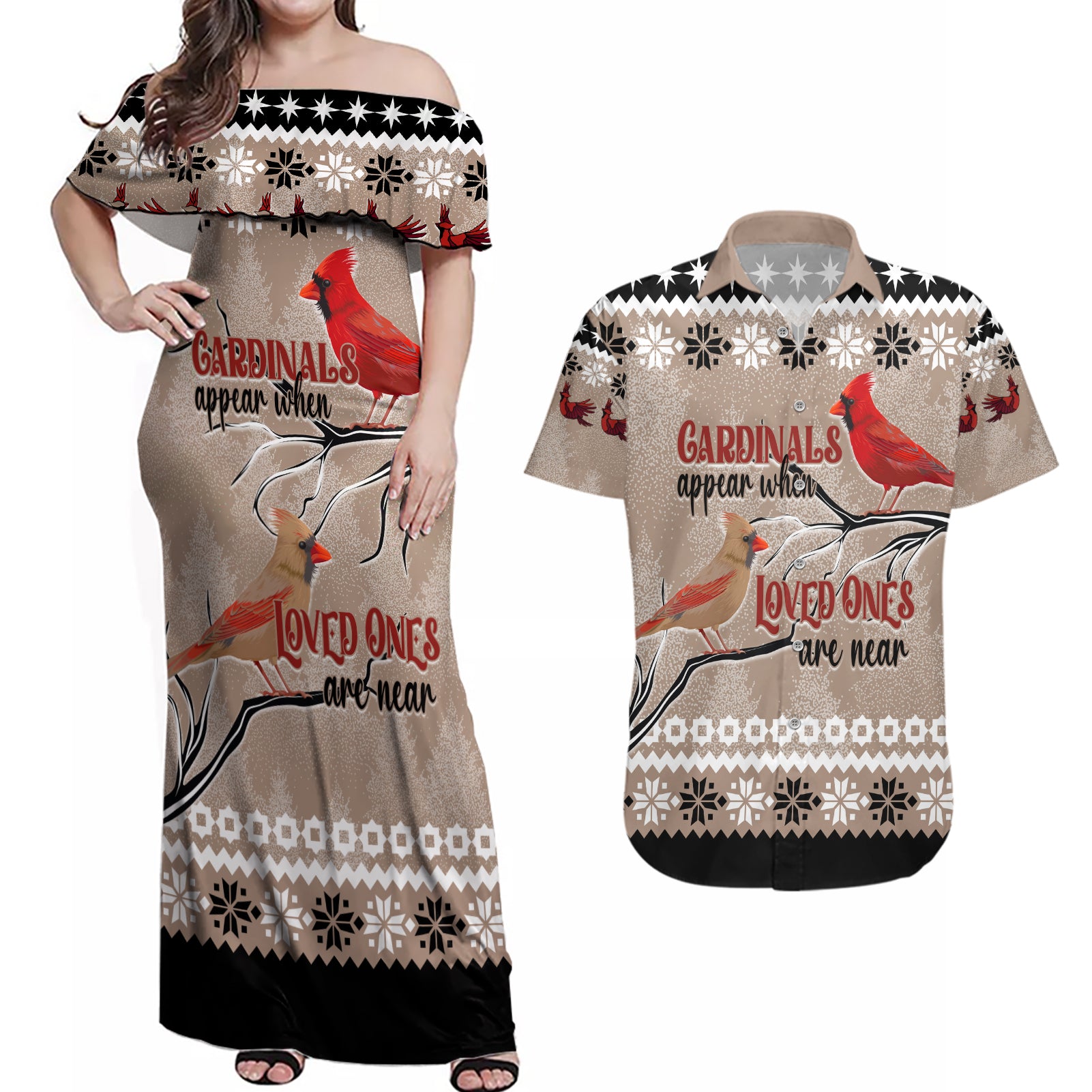 Christmas Cardinal Birds Couples Matching Off Shoulder Maxi Dress and Hawaiian Shirt Cardinals Appear When Loved Ones Are Near LT7 - Wonder Print Shop