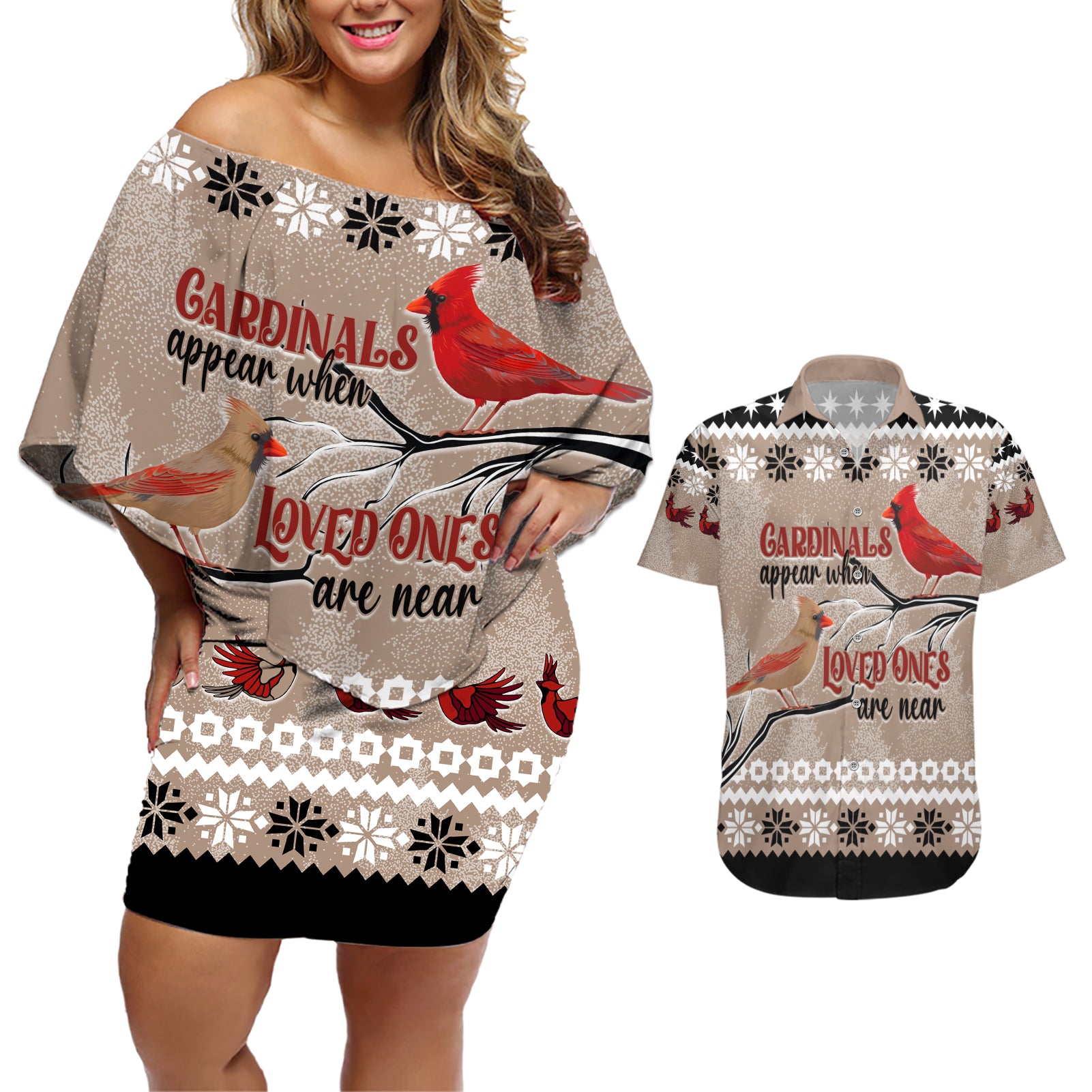 Christmas Cardinal Birds Couples Matching Off Shoulder Short Dress and Hawaiian Shirt Cardinals Appear When Loved Ones Are Near LT7 - Wonder Print Shop